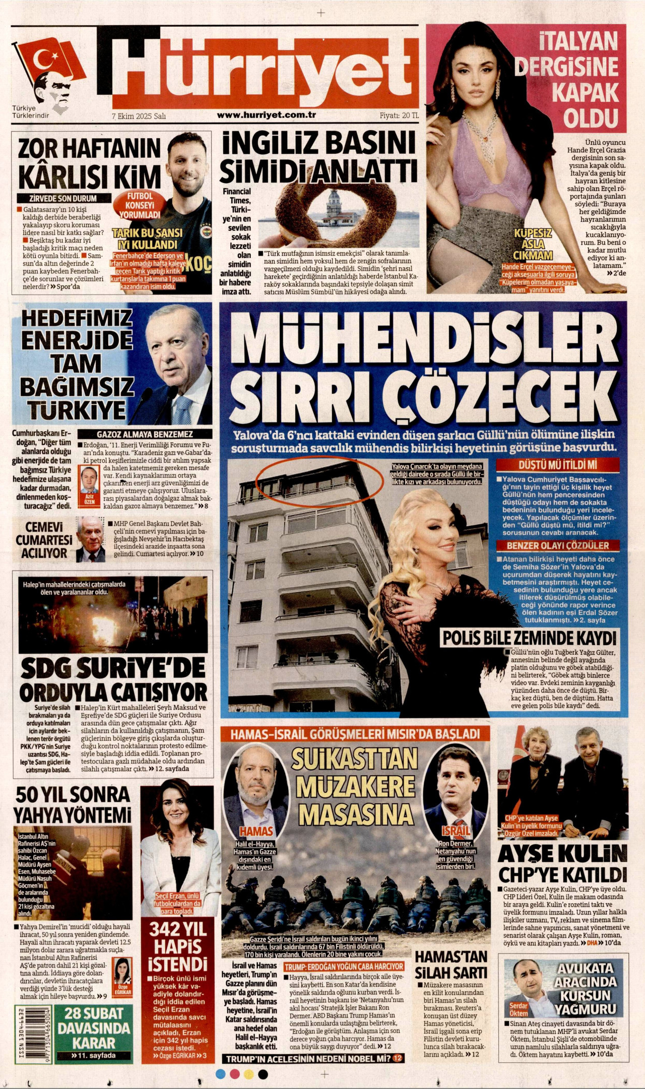 HÜRRİYET gazetesinin 7 Ekim 2025 tarihli birinci sayfası