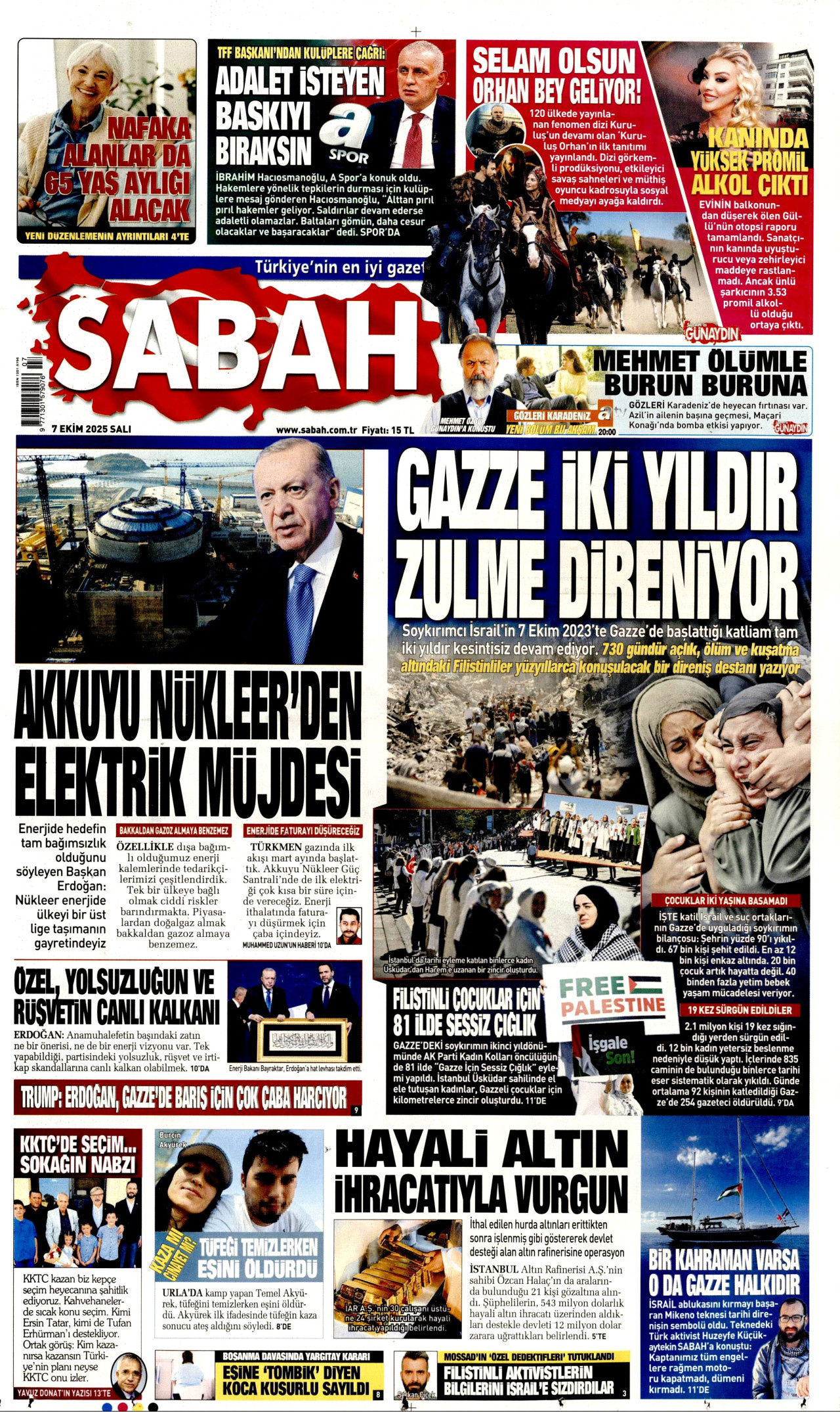 SABAH gazetesinin 7 Ekim 2025 tarihli birinci sayfası