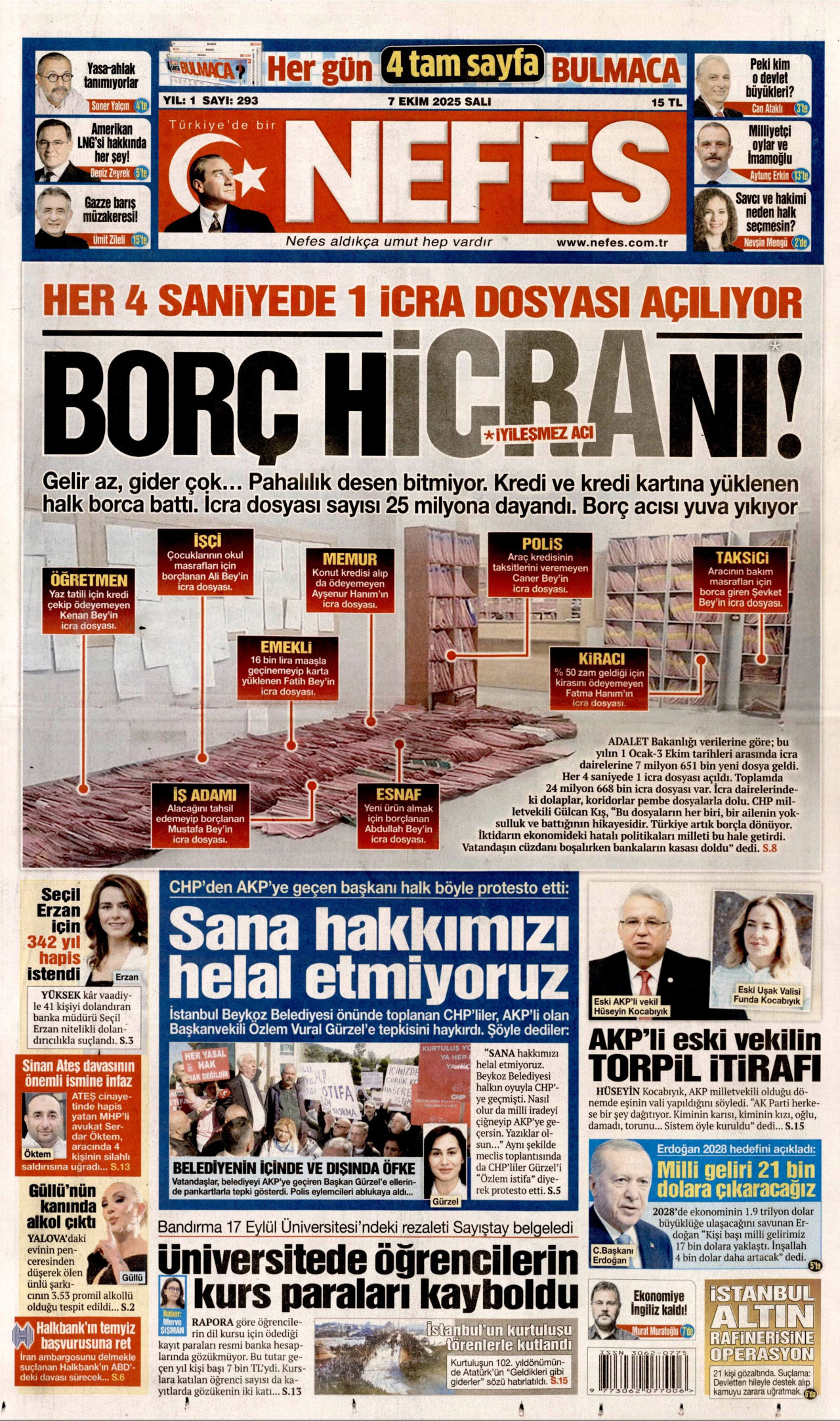 NEFES gazetesinin 7 Ekim 2025 tarihli birinci sayfası