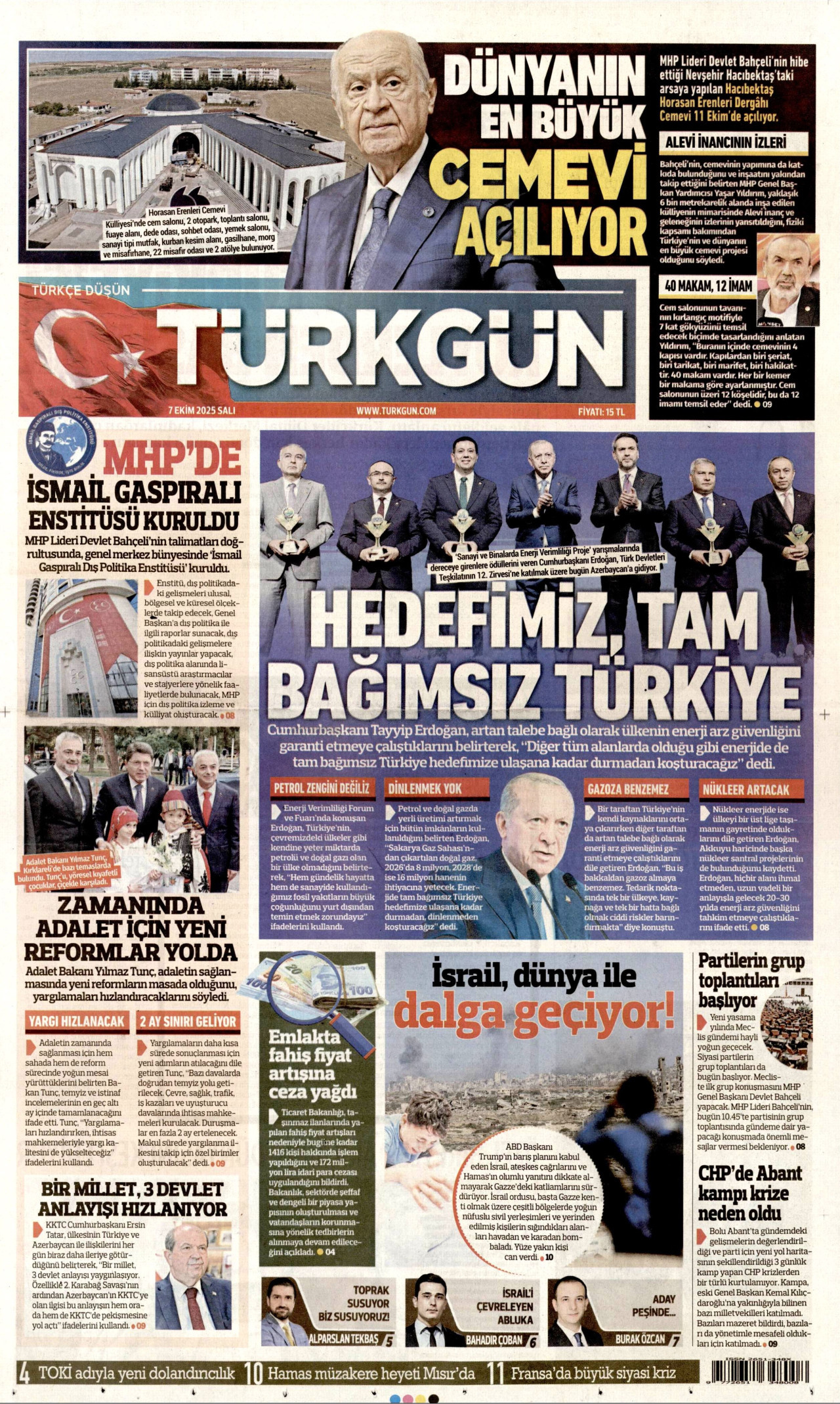 TÜRKGÜN gazetesinin 7 Ekim 2025 tarihli birinci sayfası