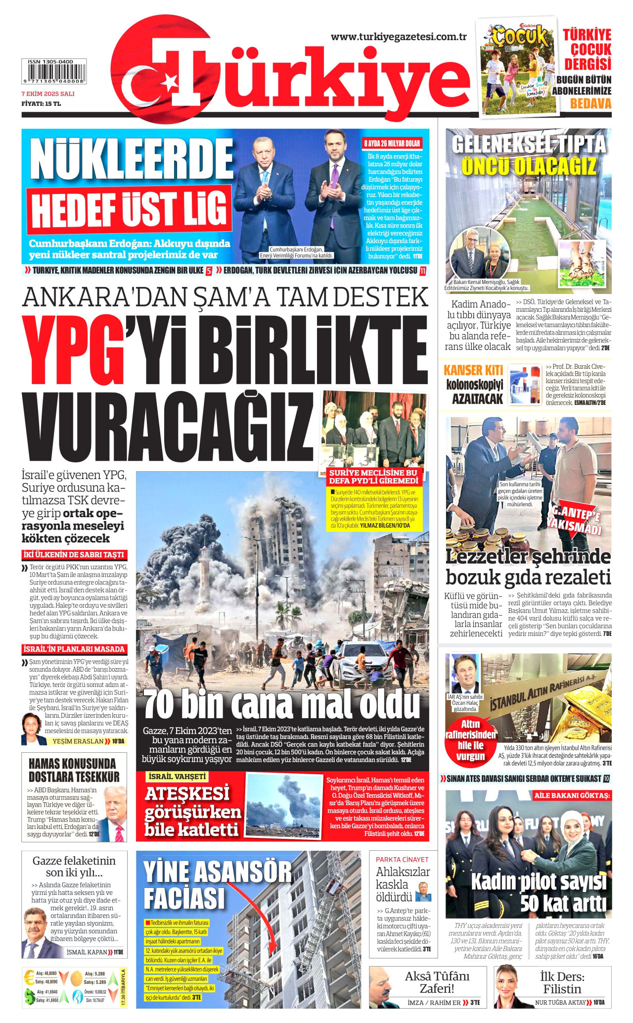 TÜRKİYE GAZETESİ gazetesinin 7 Ekim 2025 tarihli birinci sayfası