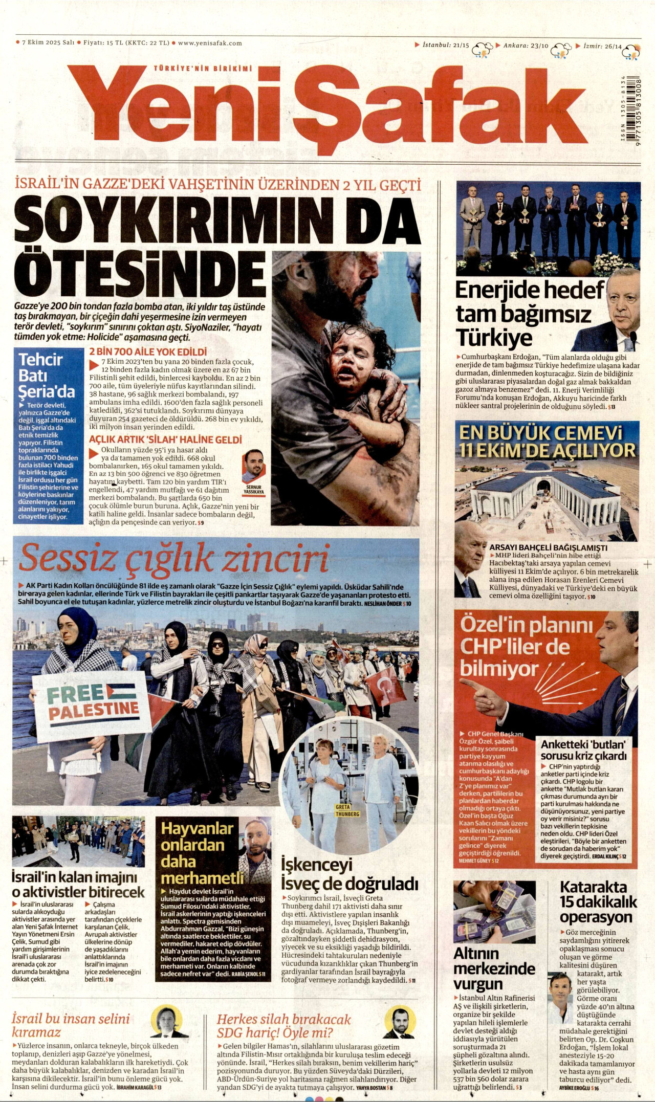 YENİ ŞAFAK gazetesinin 7 Ekim 2025 tarihli birinci sayfası