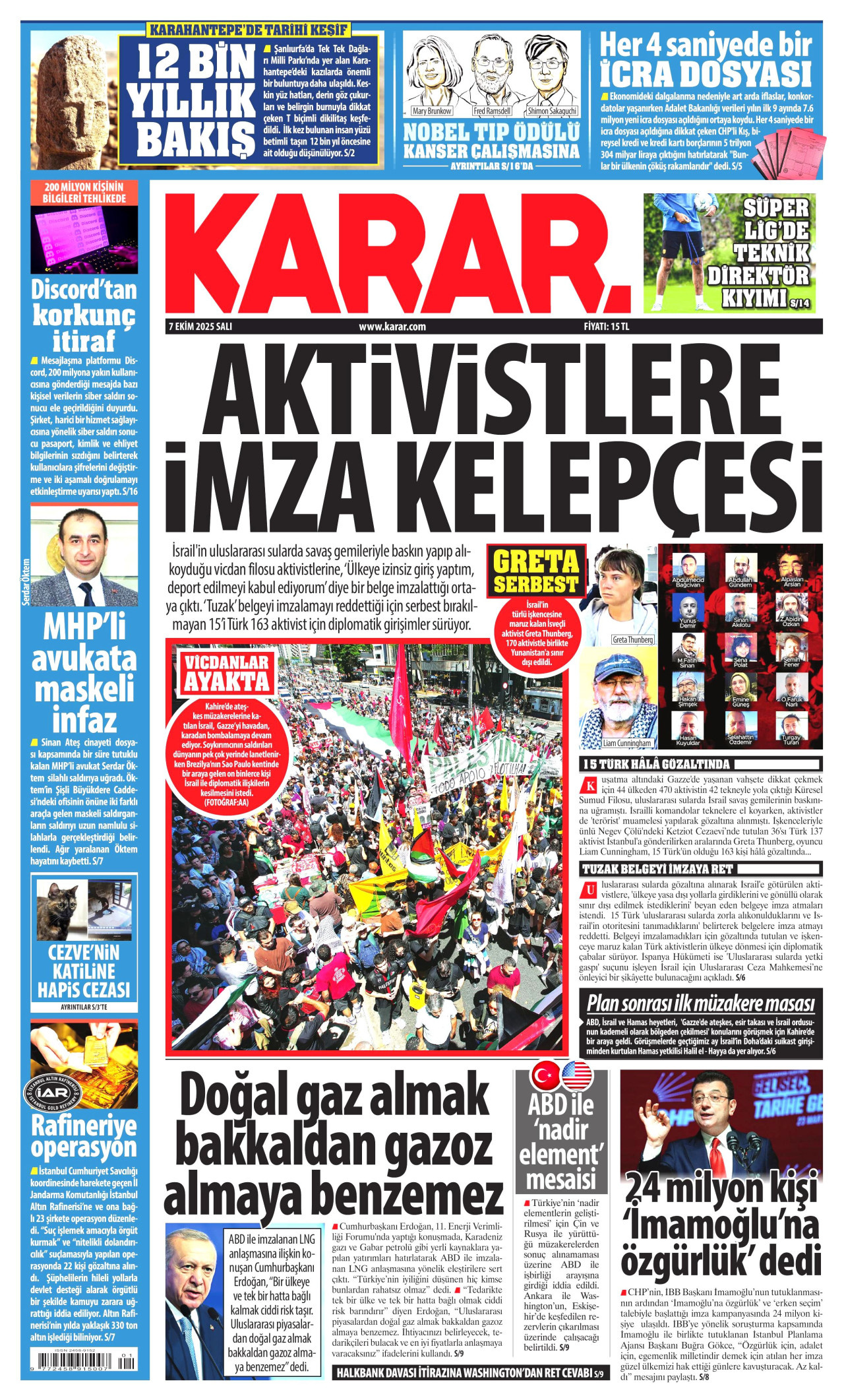 KARAR gazetesinin 7 Ekim 2025 tarihli birinci sayfası