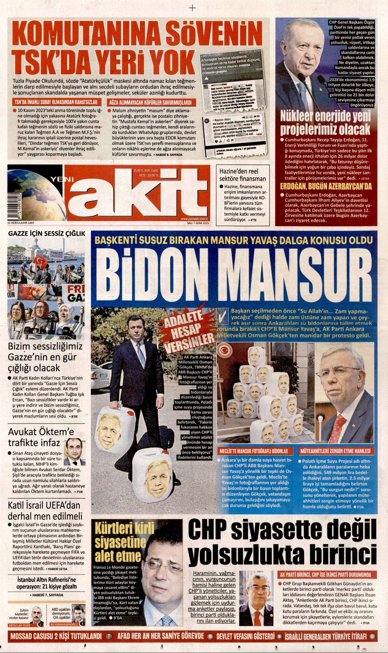 YENİ AKİT gazetesinin 7 Ekim 2025 tarihli birinci sayfası