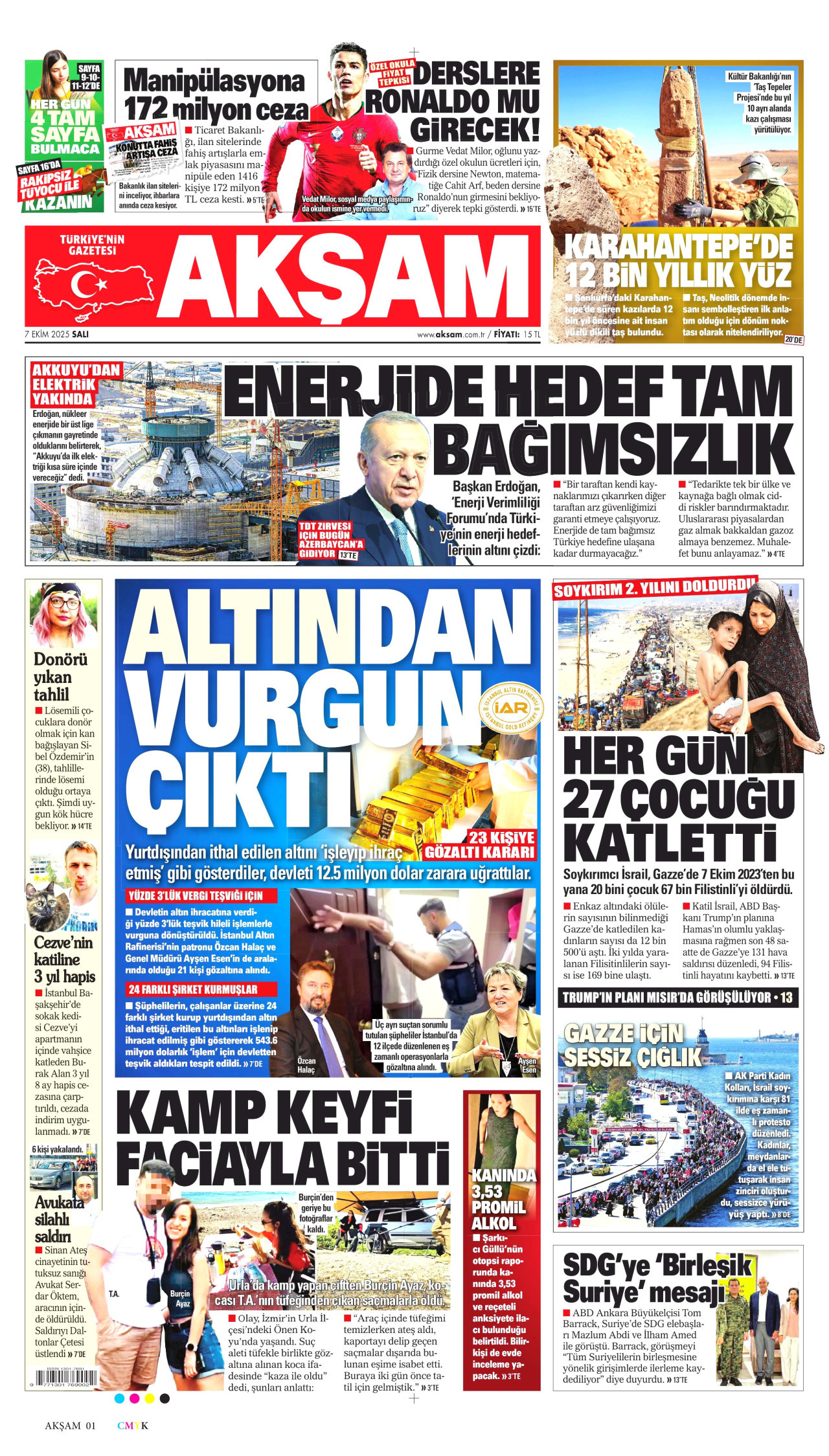 AKŞAM gazetesinin 7 Ekim 2025 tarihli birinci sayfası