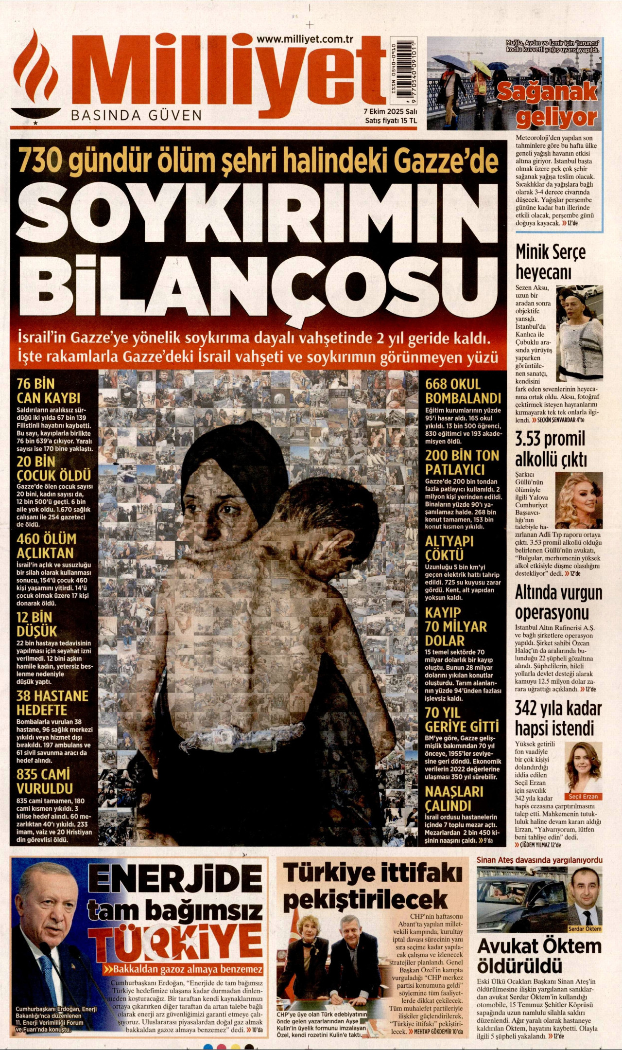 MİLLİYET gazetesinin 7 Ekim 2025 tarihli birinci sayfası