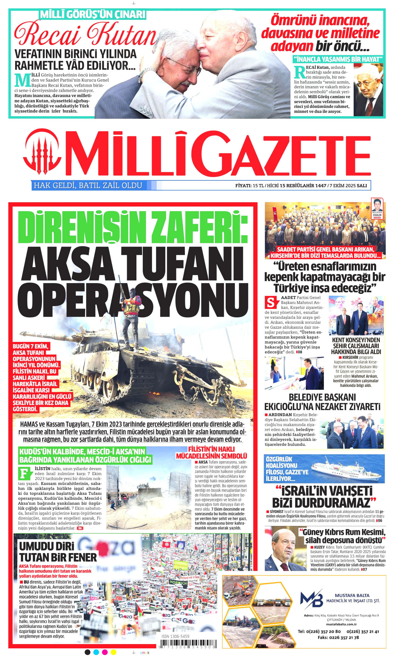 MİLLİ GAZETE gazetesinin 7 Ekim 2025 tarihli birinci sayfası