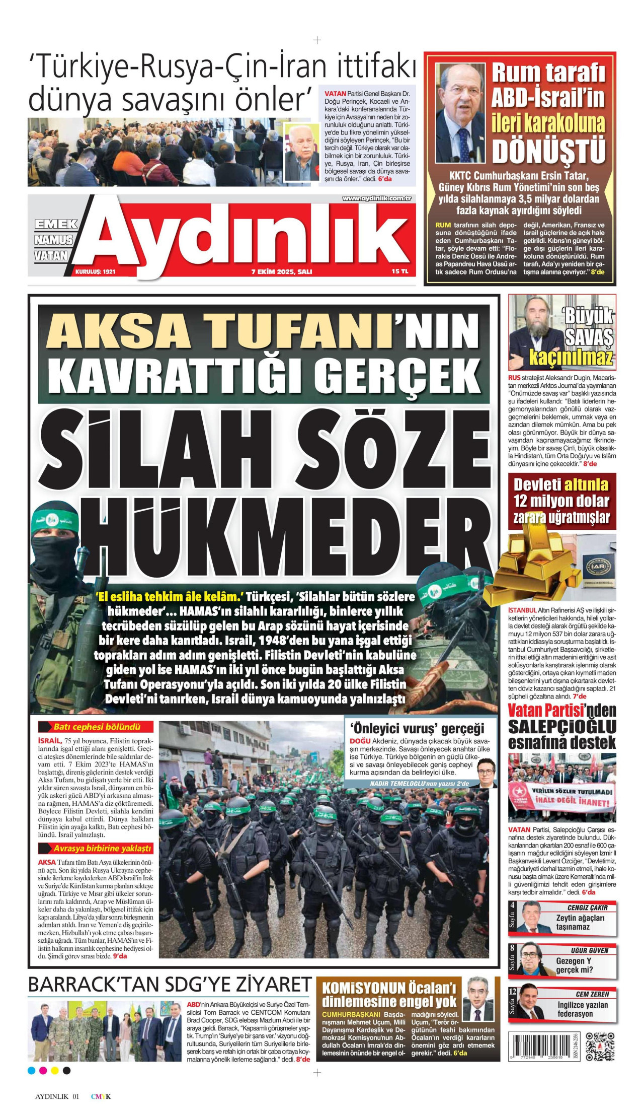 AYDINLIK GAZETESİ gazetesinin 7 Ekim 2025 tarihli birinci sayfası