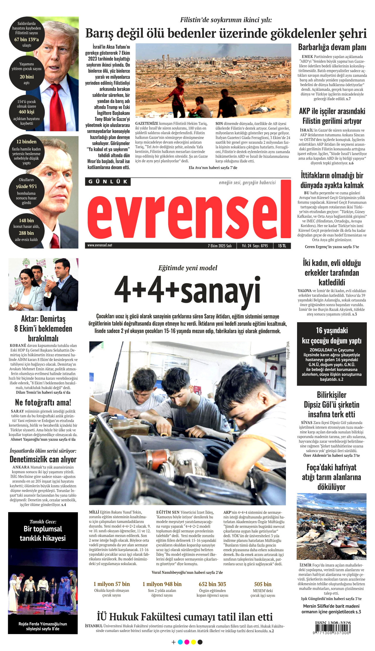 EVRENSEL gazetesinin 7 Ekim 2025 tarihli birinci sayfası