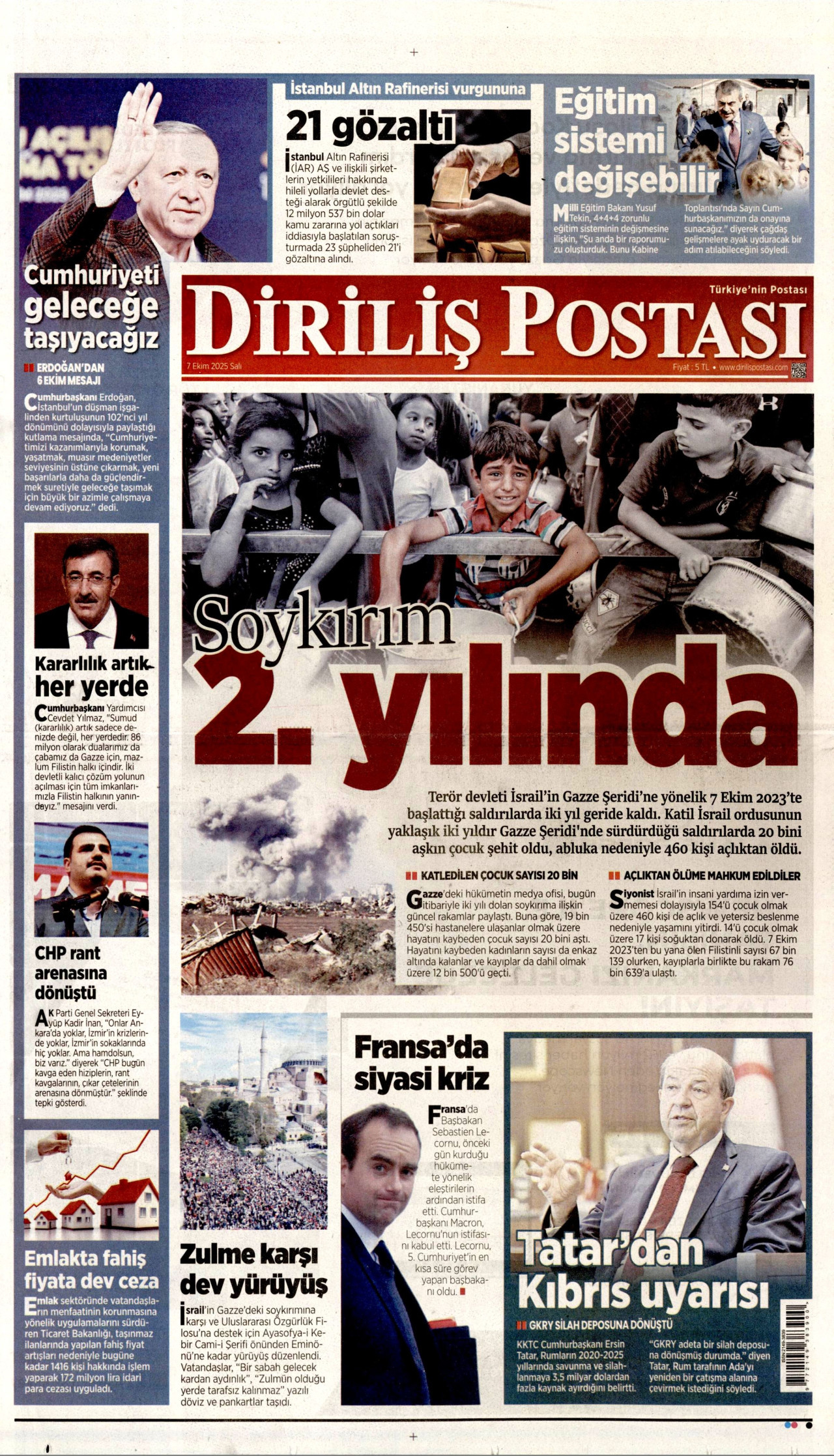 DİRİLİŞ POSTASI gazetesinin 7 Ekim 2025 tarihli birinci sayfası