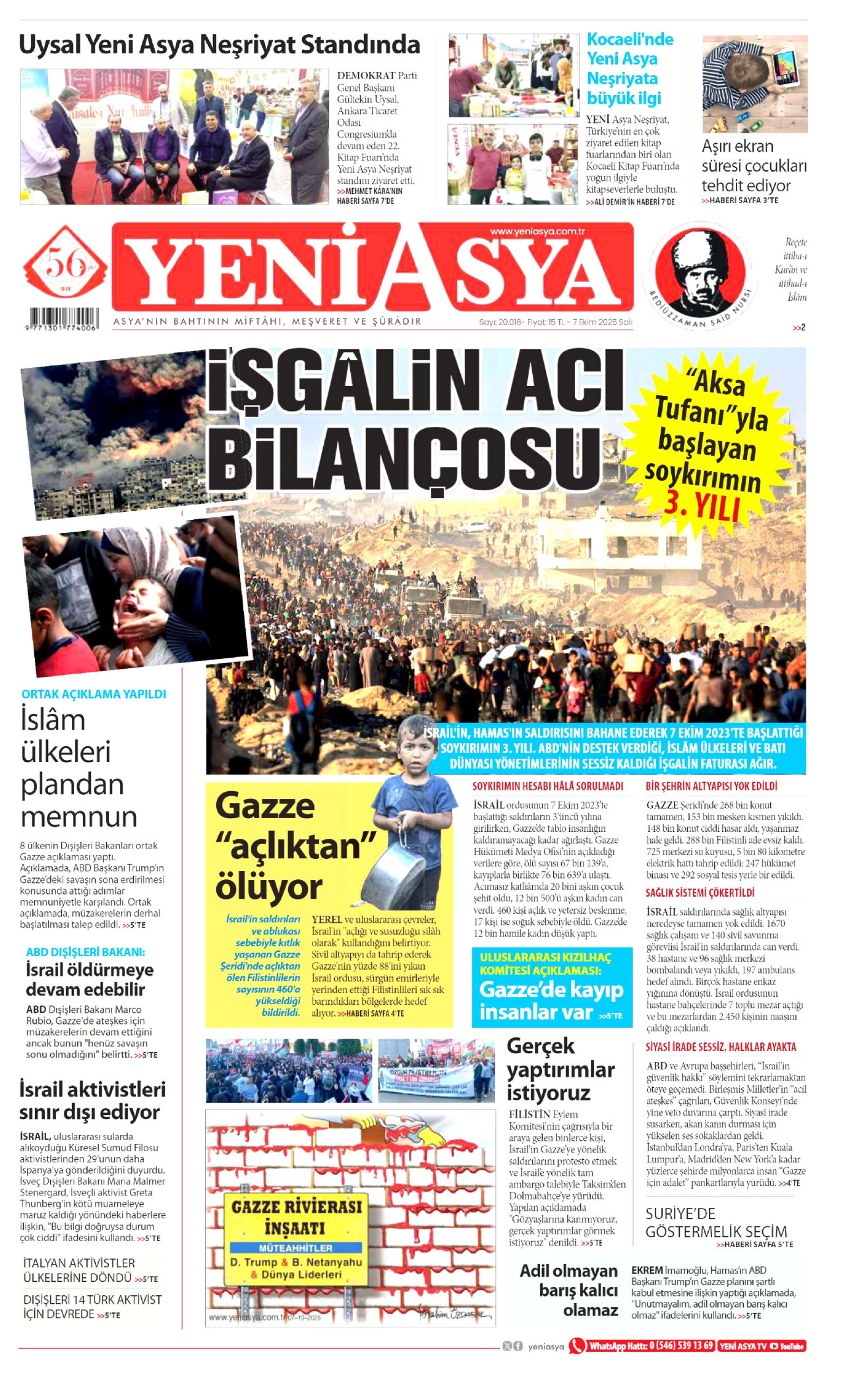 YENİ ASYA gazetesinin 7 Ekim 2025 tarihli birinci sayfası