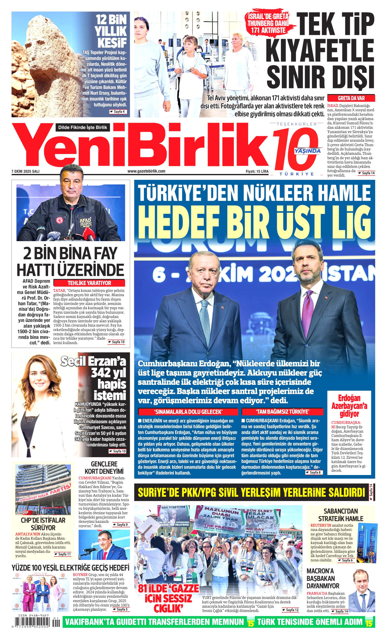 YENİBİRLİK gazetesinin 7 Ekim 2025 tarihli birinci sayfası