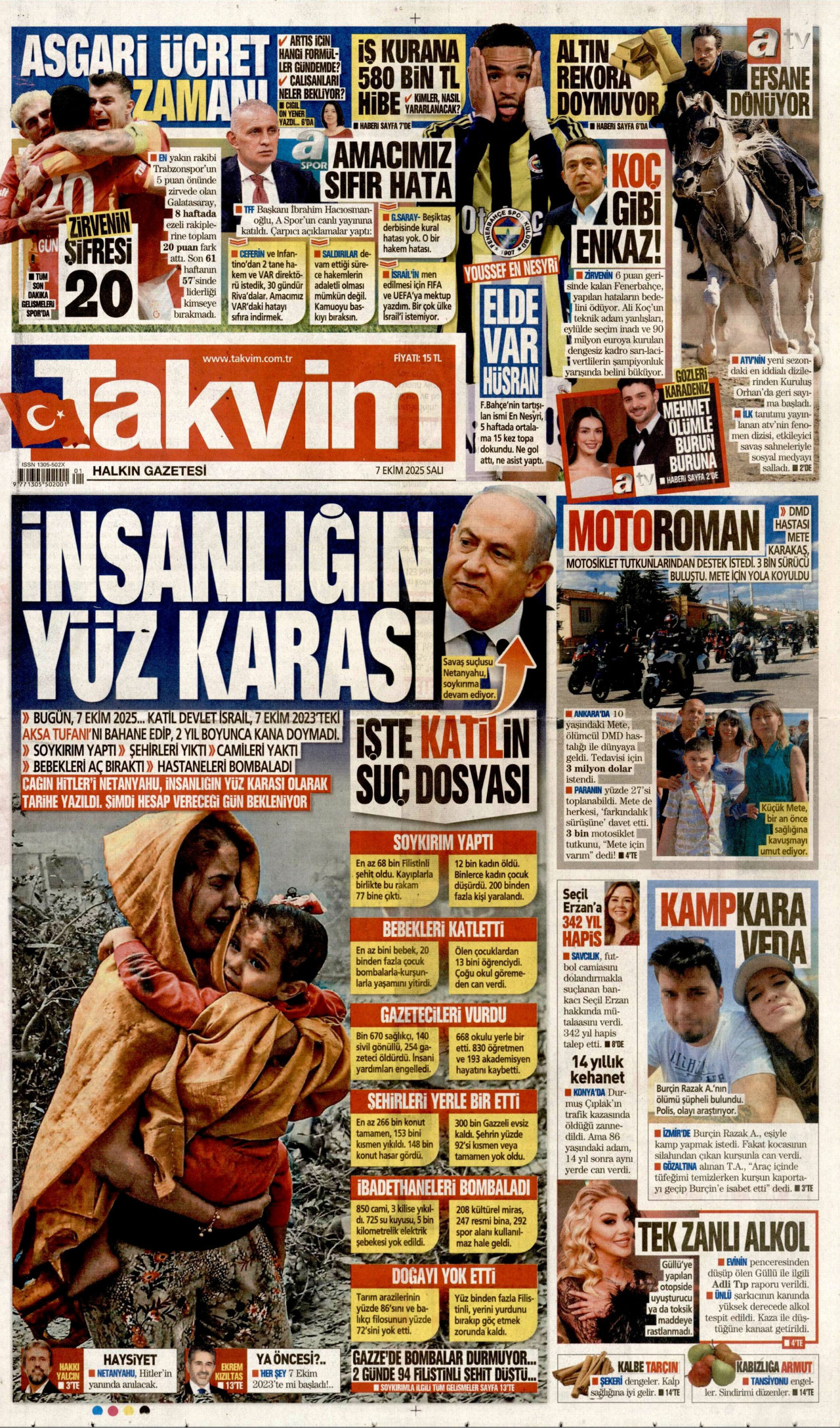 TAKVİM gazetesinin 7 Ekim 2025 tarihli birinci sayfası