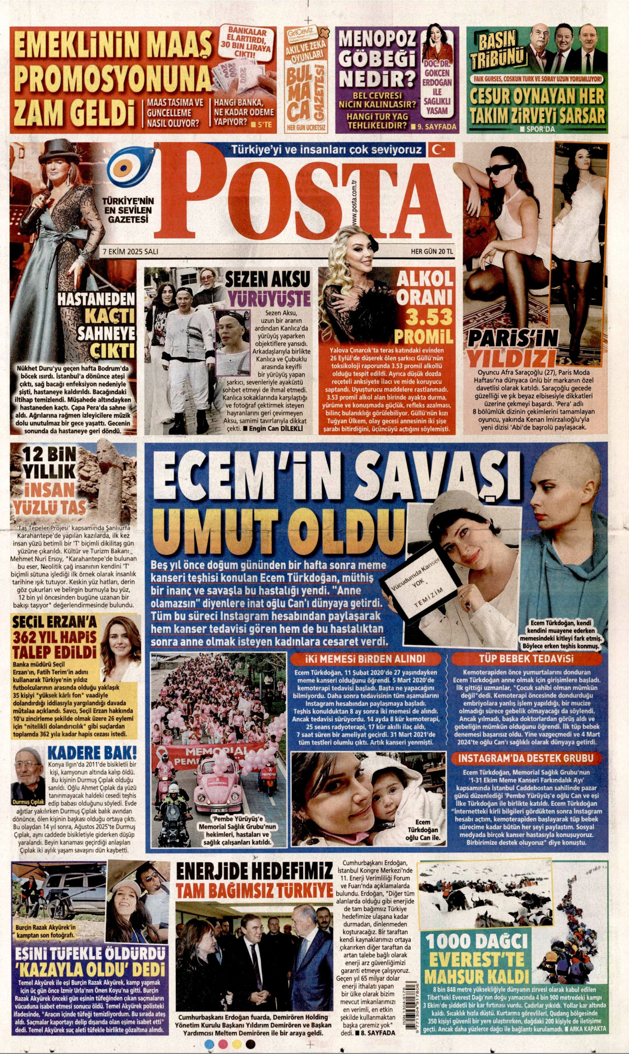 POSTA gazetesinin 7 Ekim 2025 tarihli birinci sayfası