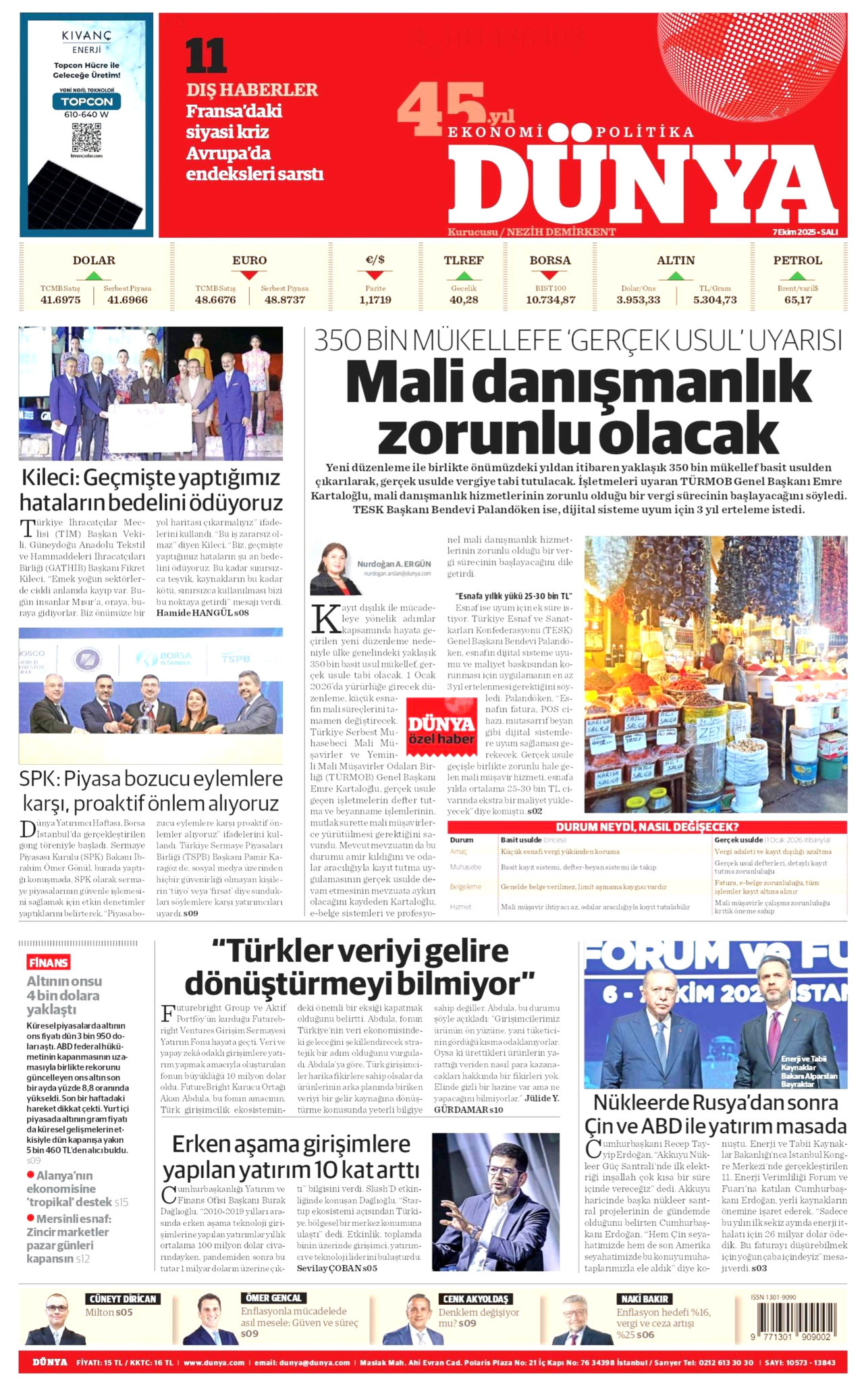 DÜNYA gazetesinin 7 Ekim 2025 tarihli birinci sayfası