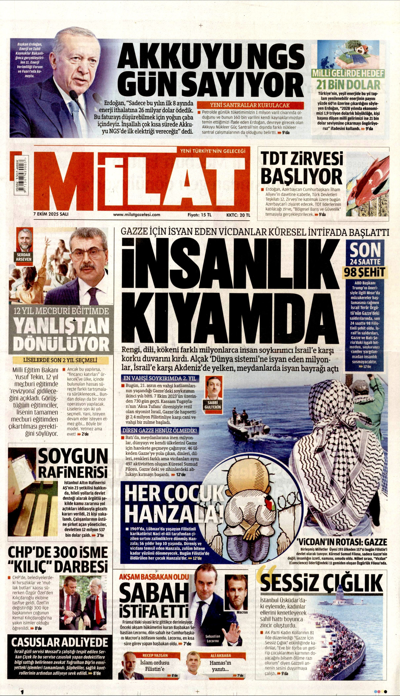 MİLAT gazetesinin 7 Ekim 2025 tarihli birinci sayfası