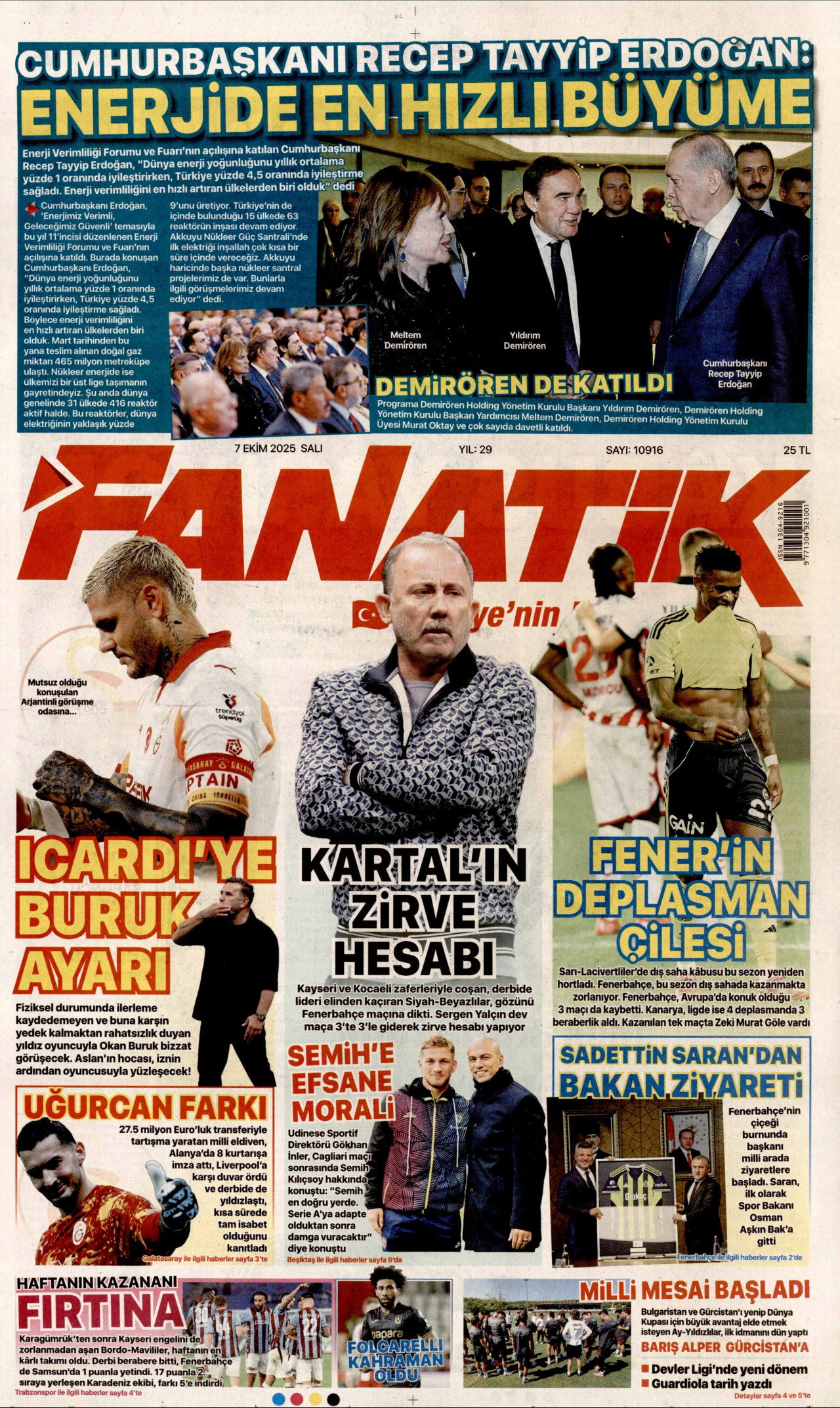 FANATİK gazetesinin 7 Ekim 2025 tarihli birinci sayfası