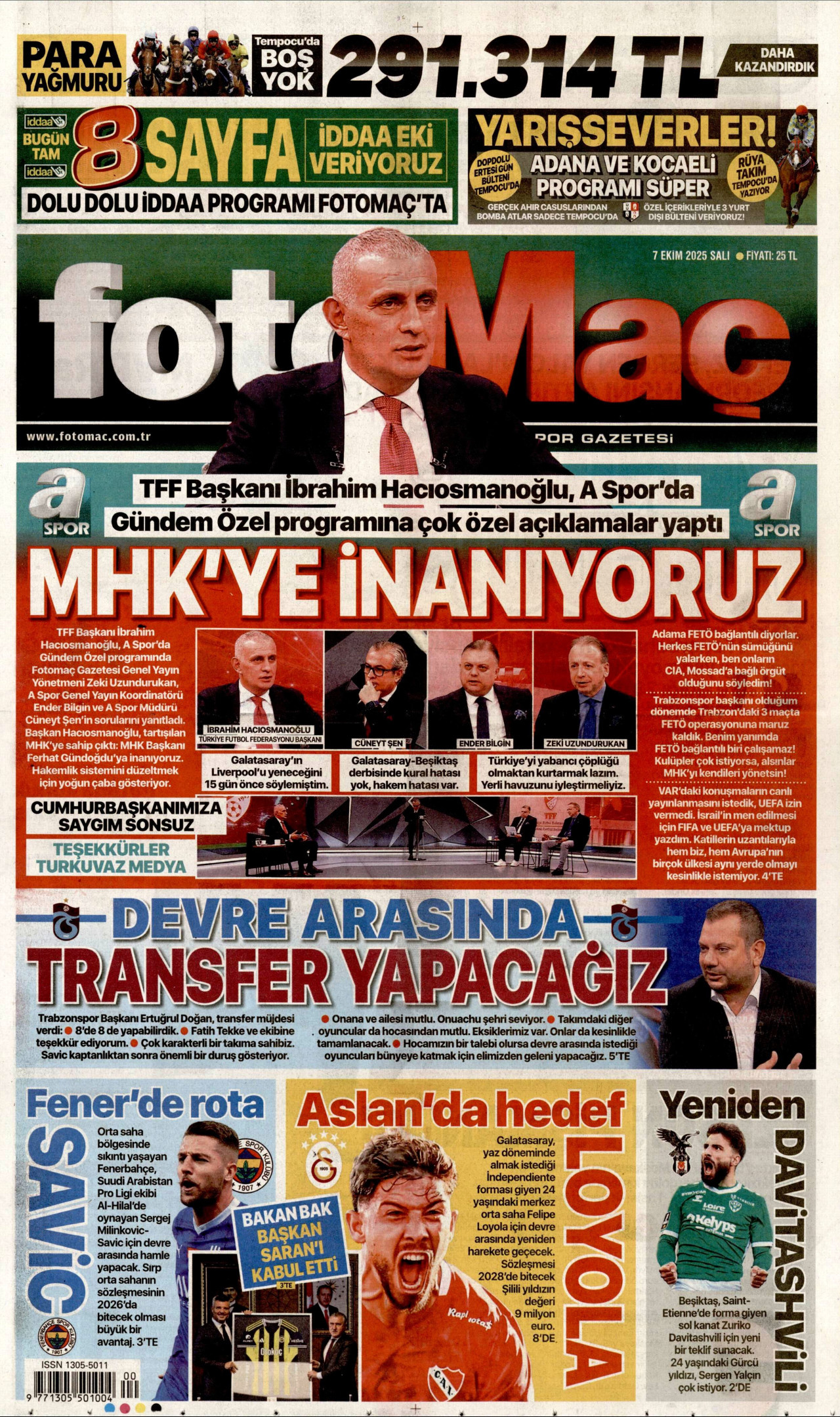 FOTOMAÇ gazetesinin 7 Ekim 2025 tarihli birinci sayfası