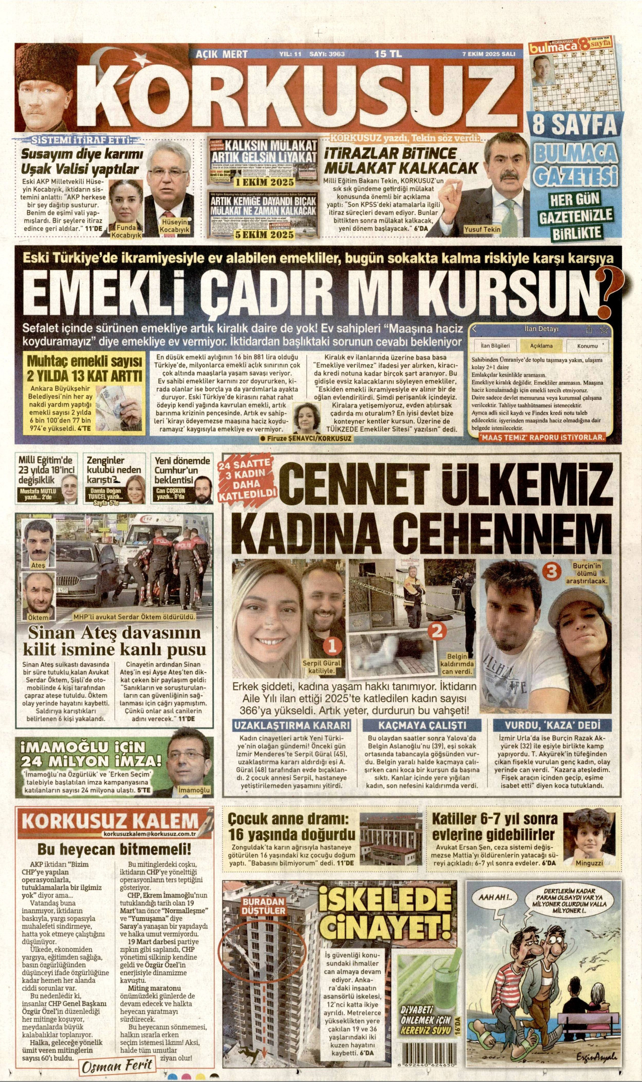 KORKUSUZ gazetesinin 7 Ekim 2025 tarihli birinci sayfası
