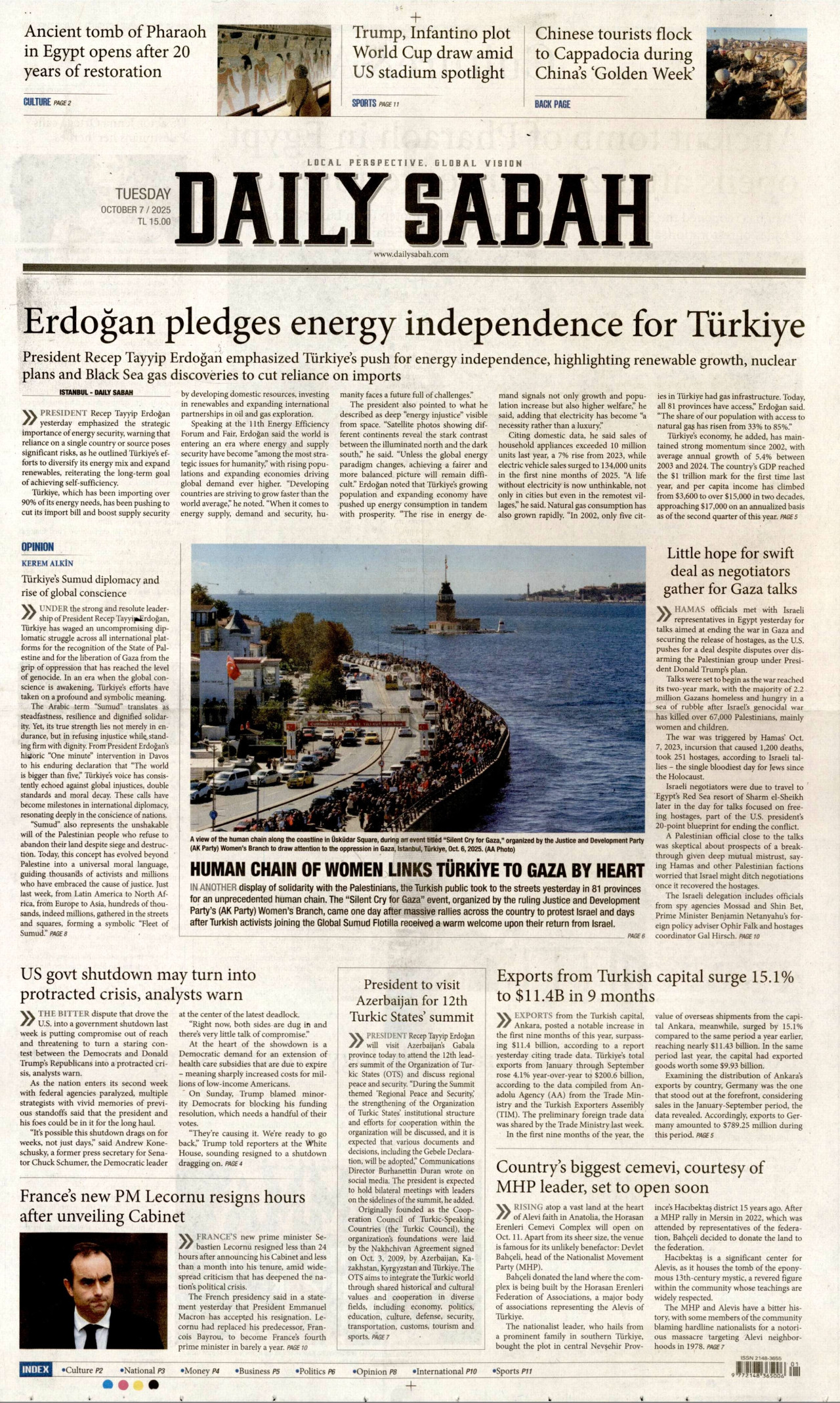 DAİLY SABAH gazetesinin 7 Ekim 2025 tarihli birinci sayfası