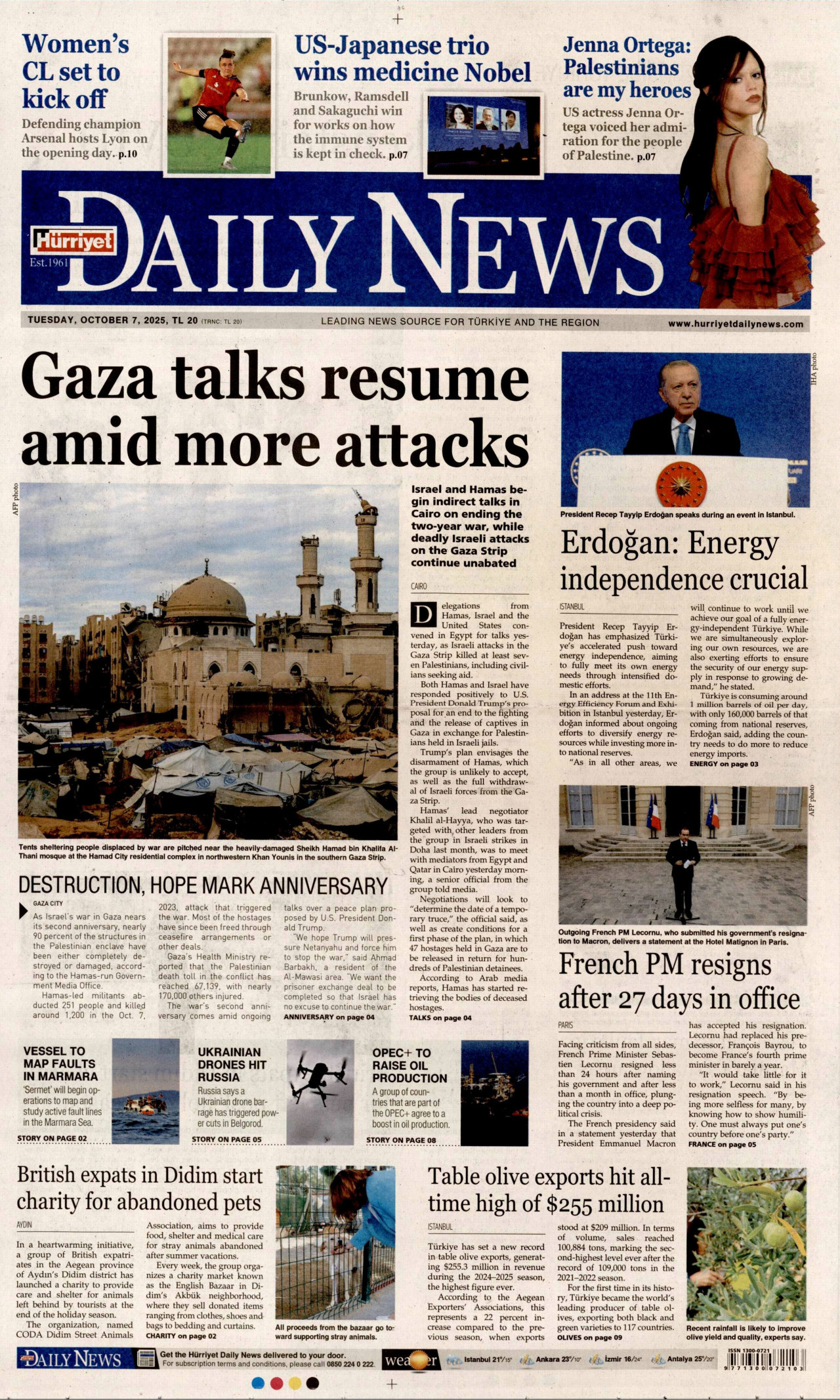 HÜRRİYET DAİLY NEWS gazetesinin 7 Ekim 2025 tarihli birinci sayfası