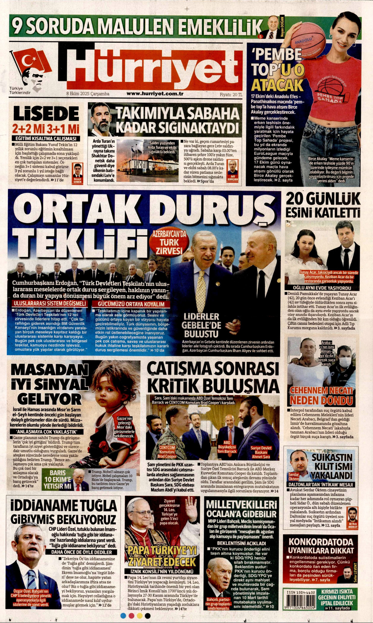 HÜRRİYET gazetesinin 8 Ekim 2025 tarihli birinci sayfası
