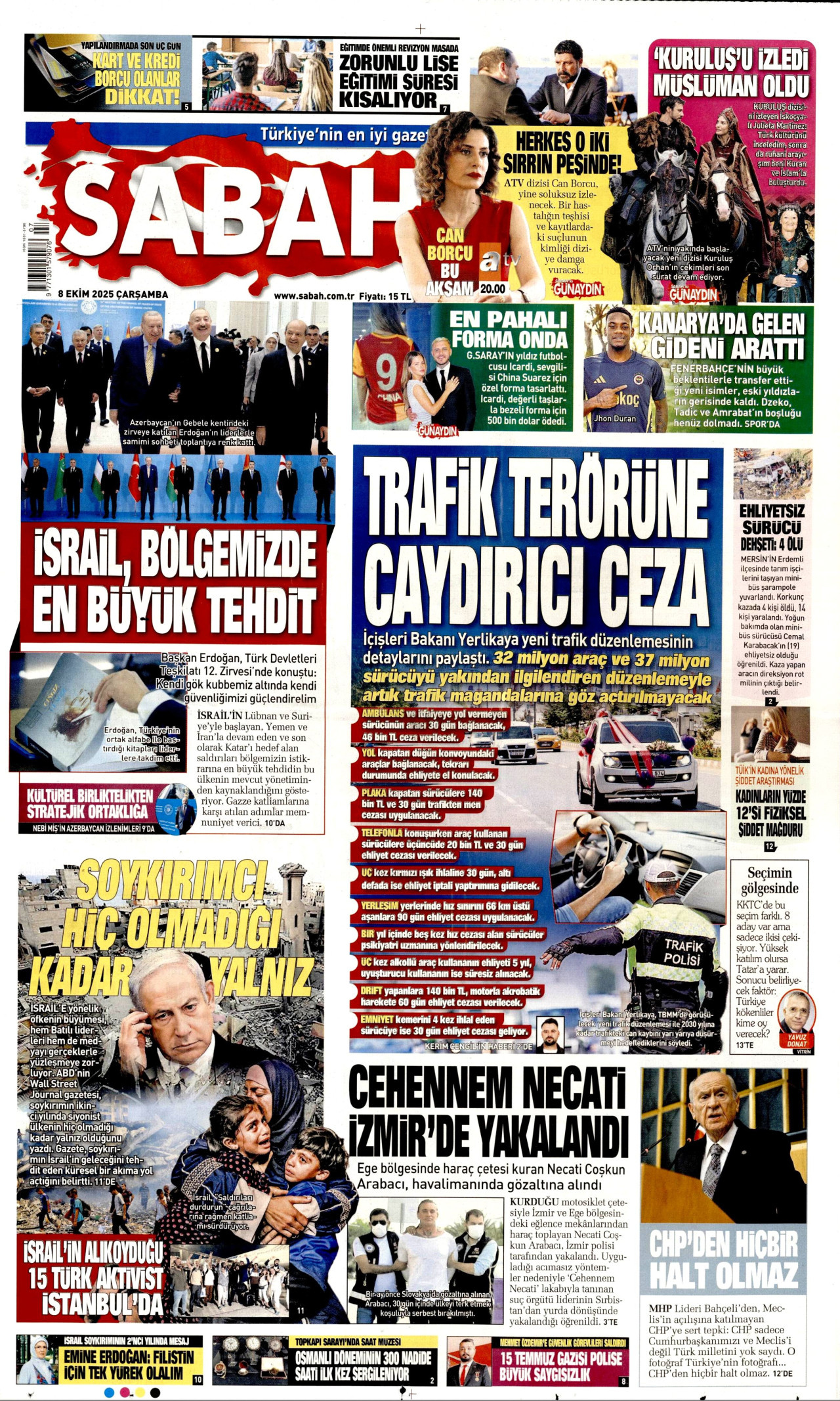 SABAH gazetesinin 8 Ekim 2025 tarihli birinci sayfası