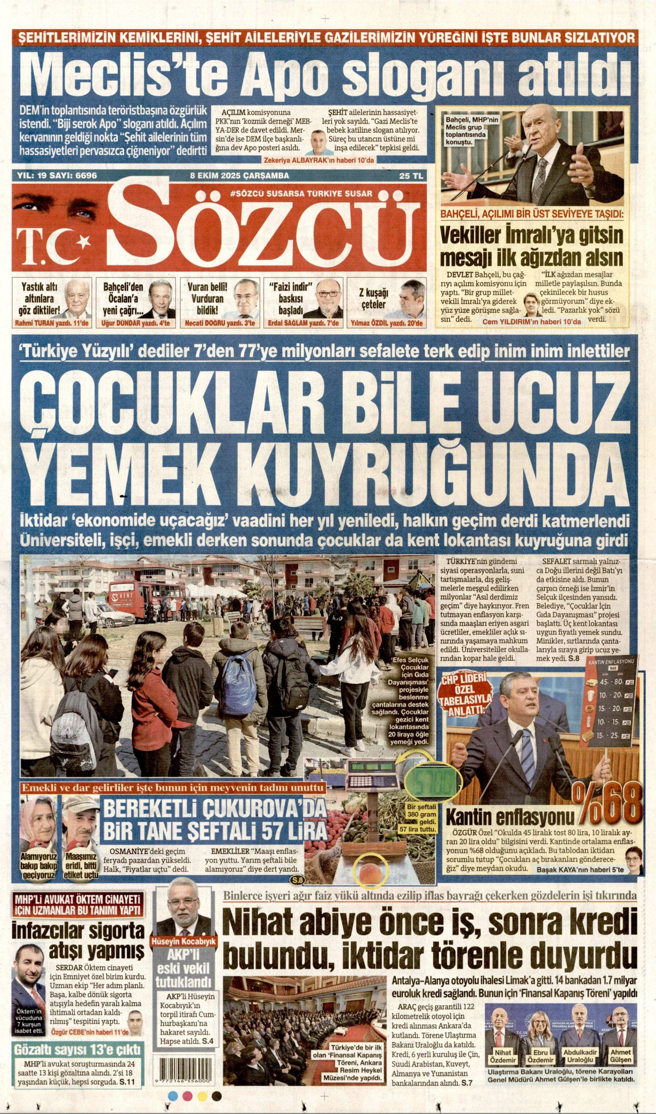 SÖZCÜ gazetesinin 8 Ekim 2025 tarihli birinci sayfası