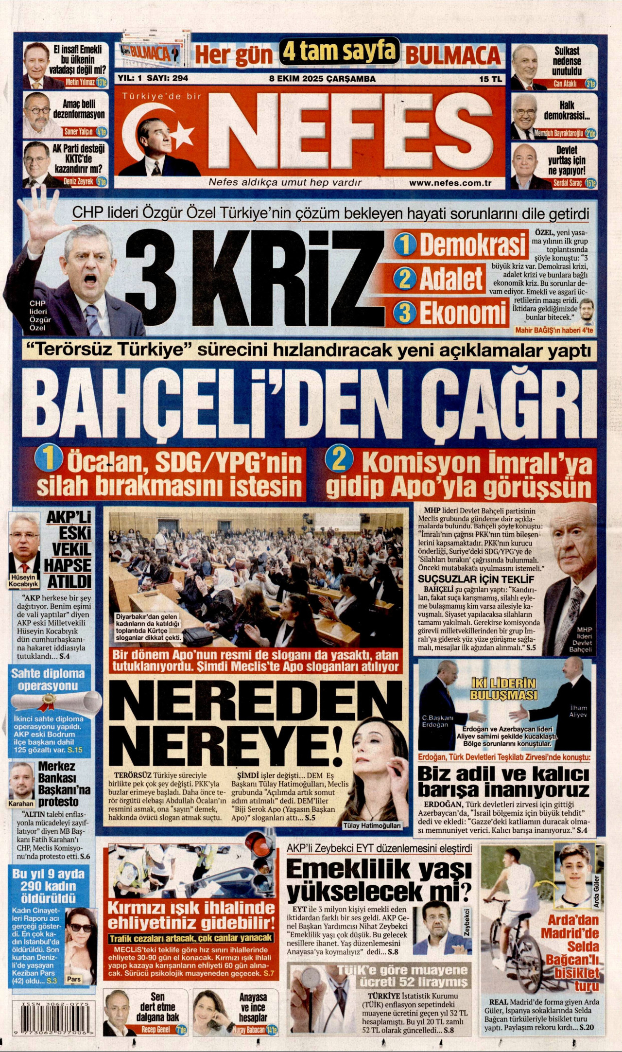 NEFES gazetesinin 8 Ekim 2025 tarihli birinci sayfası