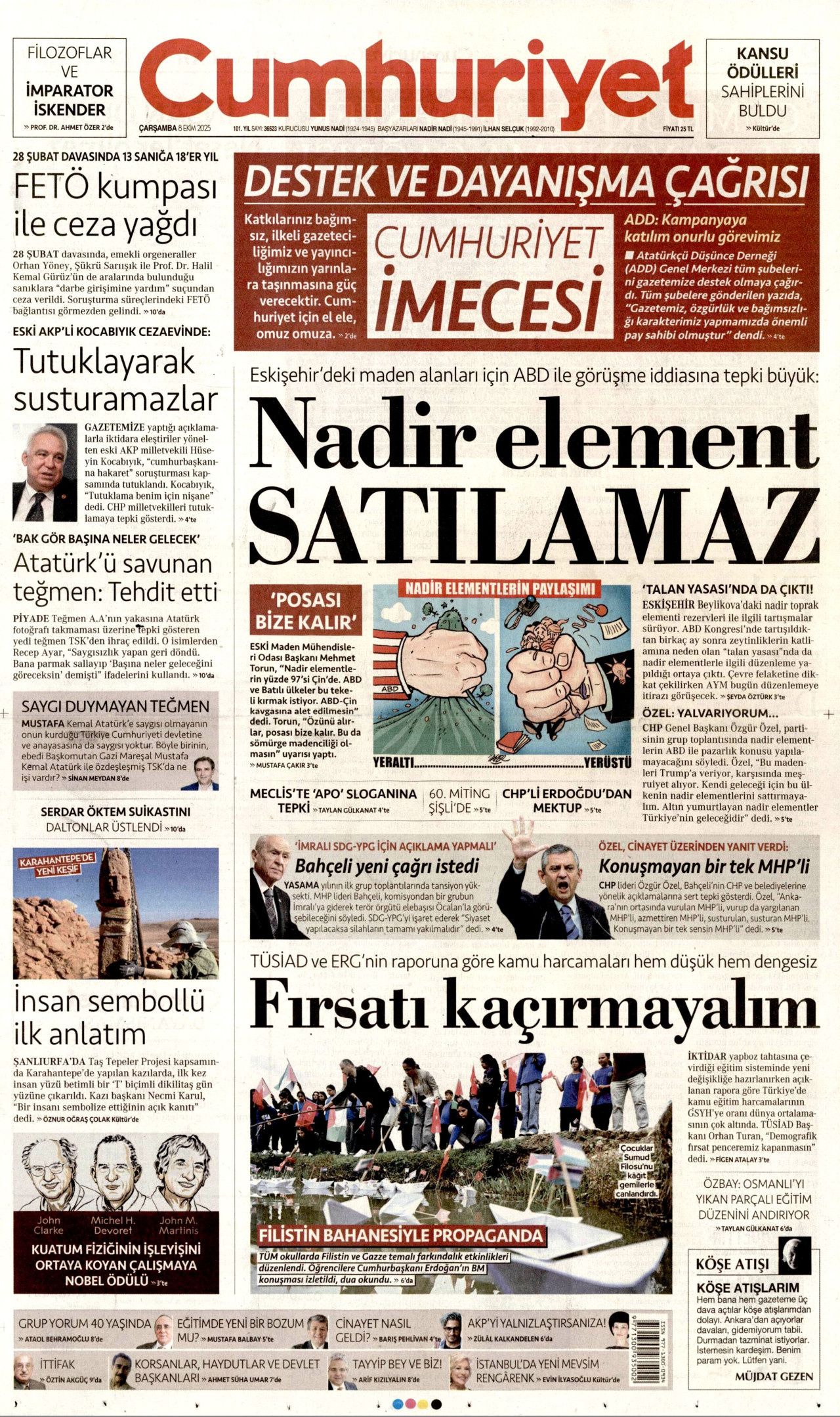 CUMHURİYET gazetesinin 8 Ekim 2025 tarihli birinci sayfası