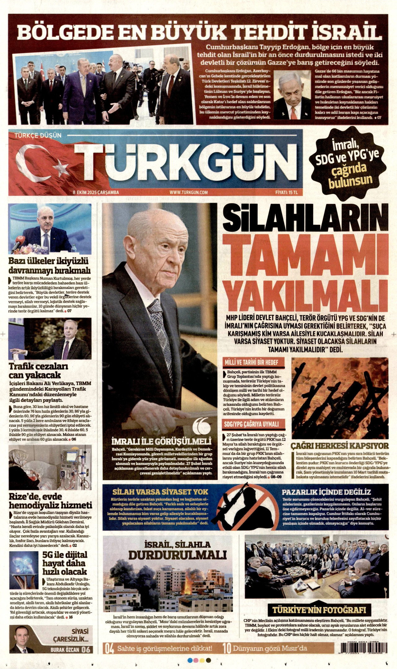 TÜRKGÜN gazetesinin 8 Ekim 2025 tarihli birinci sayfası