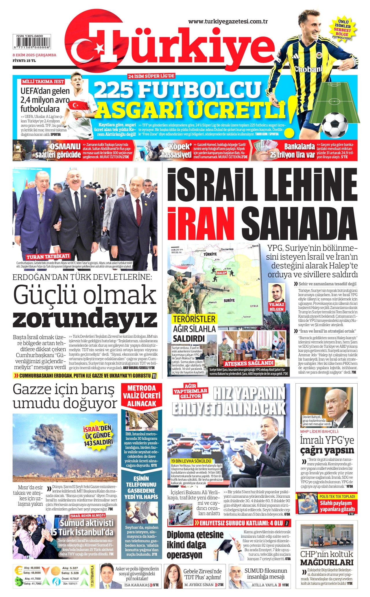 TÜRKİYE GAZETESİ gazetesinin 8 Ekim 2025 tarihli birinci sayfası