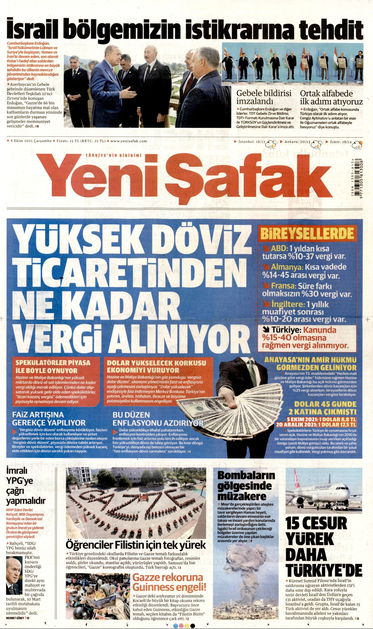 YENİ ŞAFAK gazetesinin 8 Ekim 2025 tarihli birinci sayfası