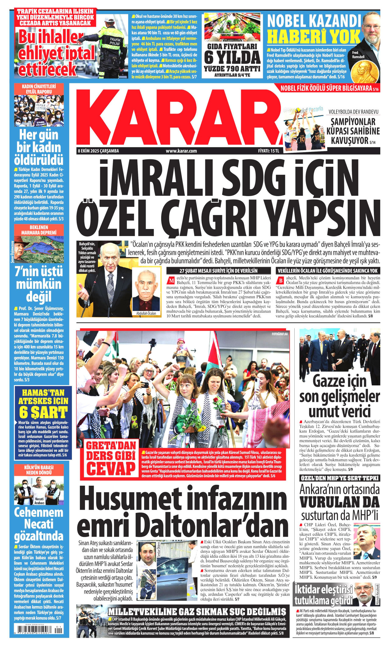 KARAR gazetesinin 8 Ekim 2025 tarihli birinci sayfası