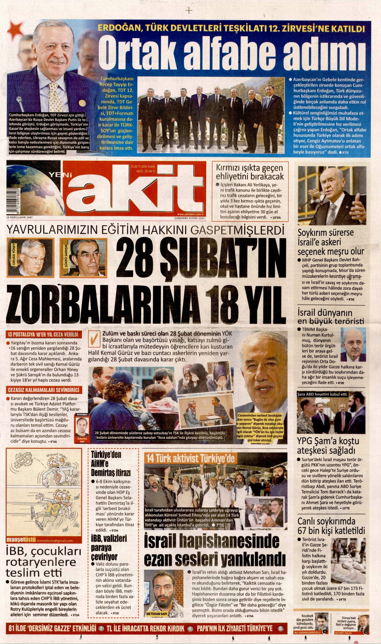 YENİ AKİT gazetesinin 8 Ekim 2025 tarihli birinci sayfası