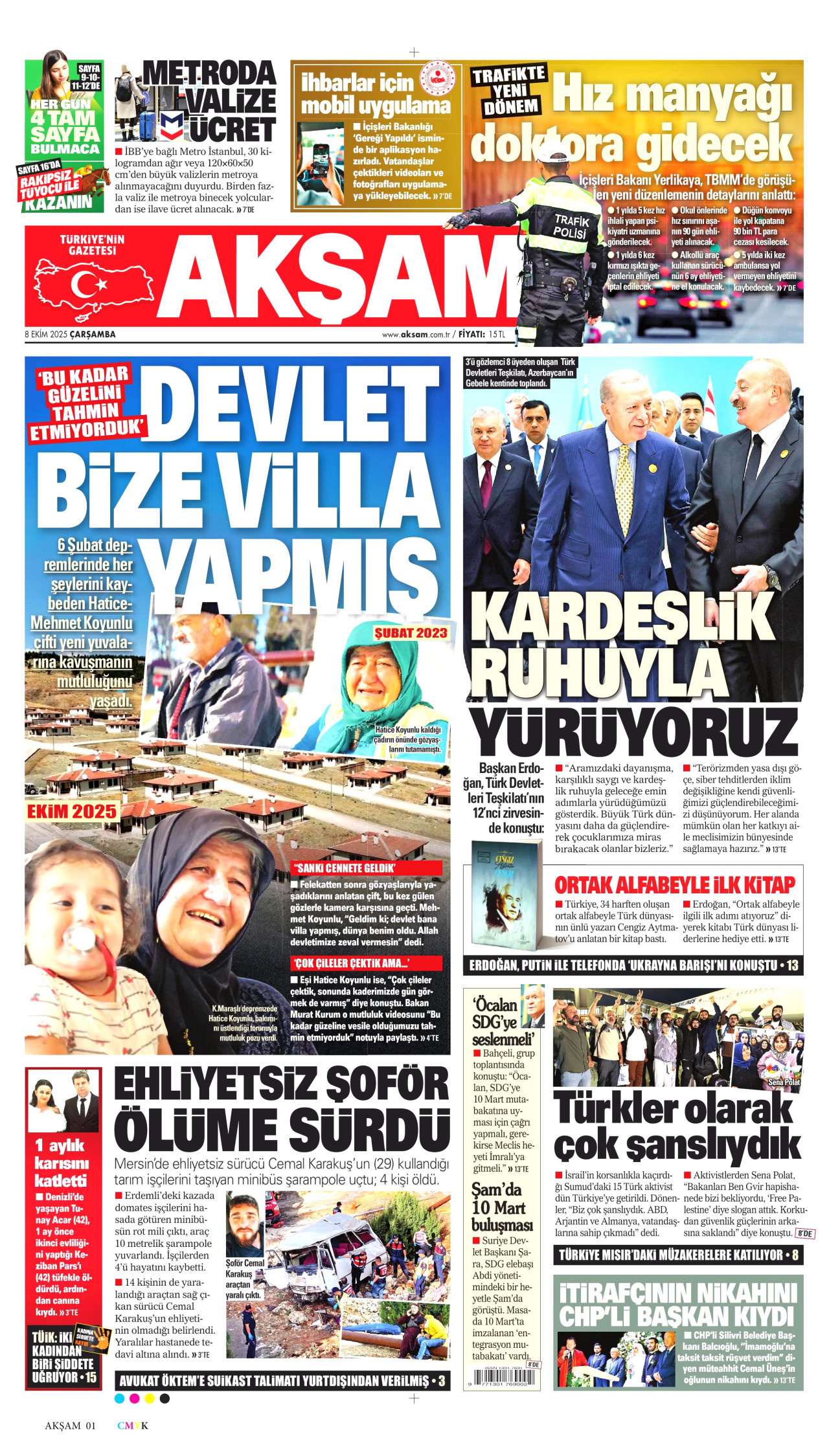 AKŞAM gazetesinin 8 Ekim 2025 tarihli birinci sayfası