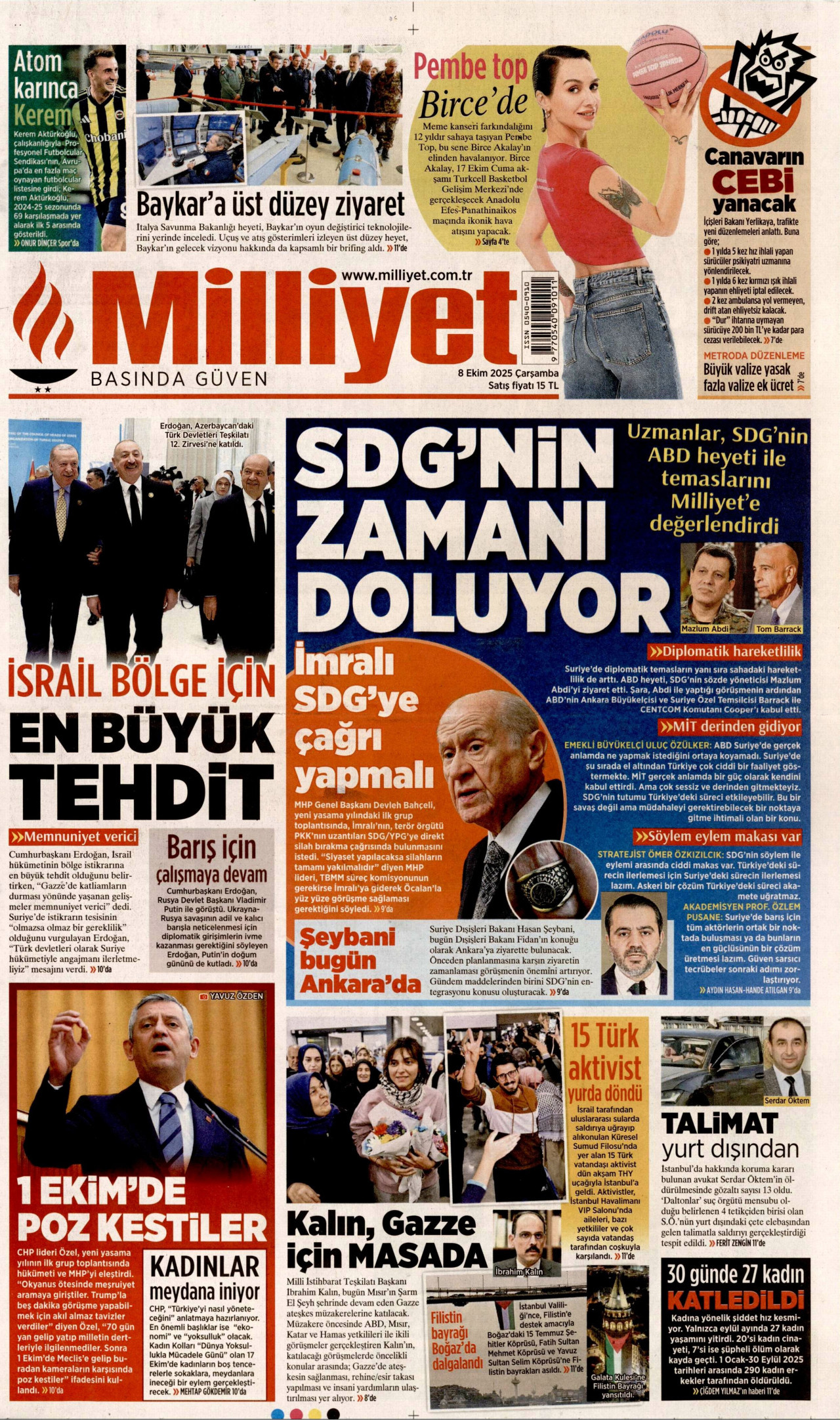 MİLLİYET gazetesinin 8 Ekim 2025 tarihli birinci sayfası