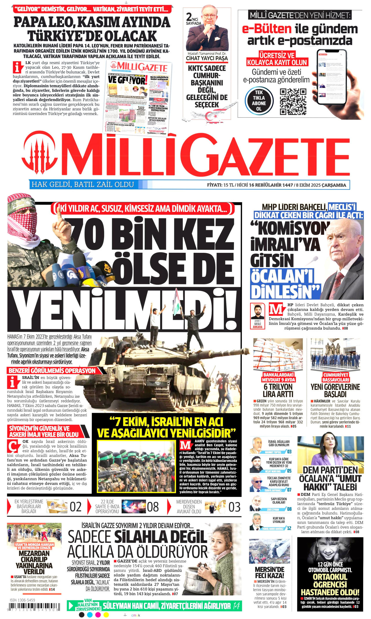 MİLLİ GAZETE gazetesinin 8 Ekim 2025 tarihli birinci sayfası