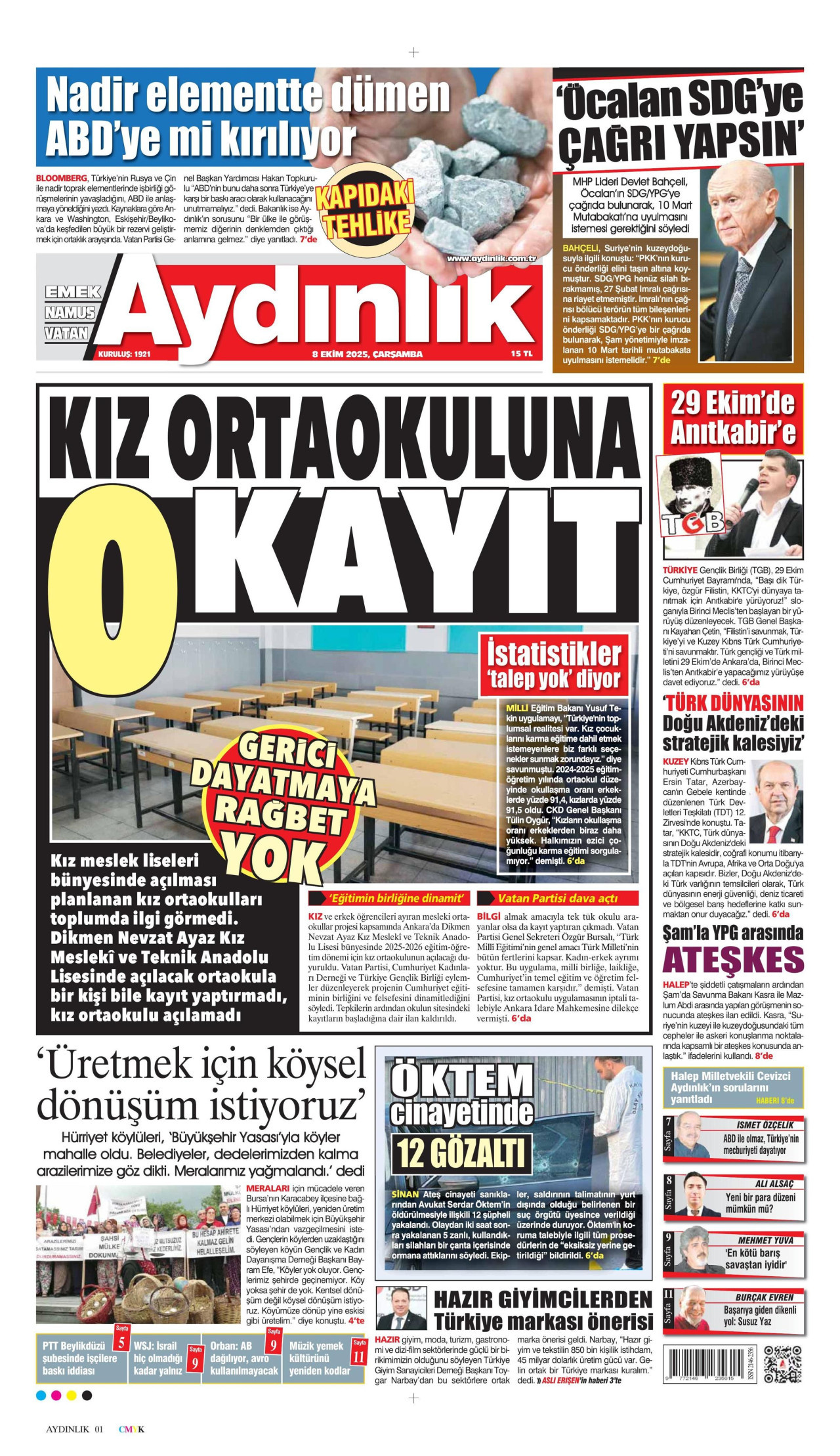 AYDINLIK GAZETESİ gazetesinin 8 Ekim 2025 tarihli birinci sayfası