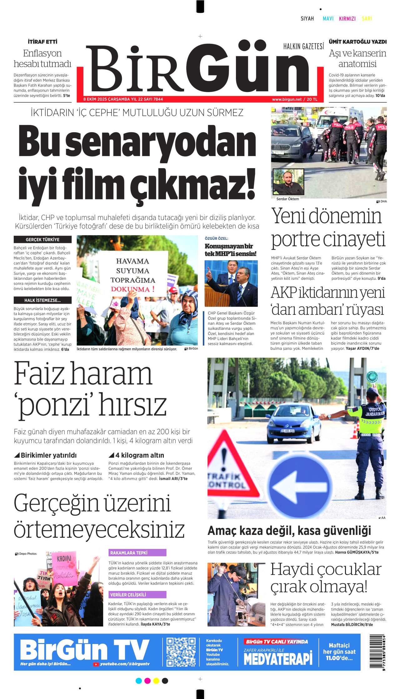 BİRGÜN gazetesinin 8 Ekim 2025 tarihli birinci sayfası