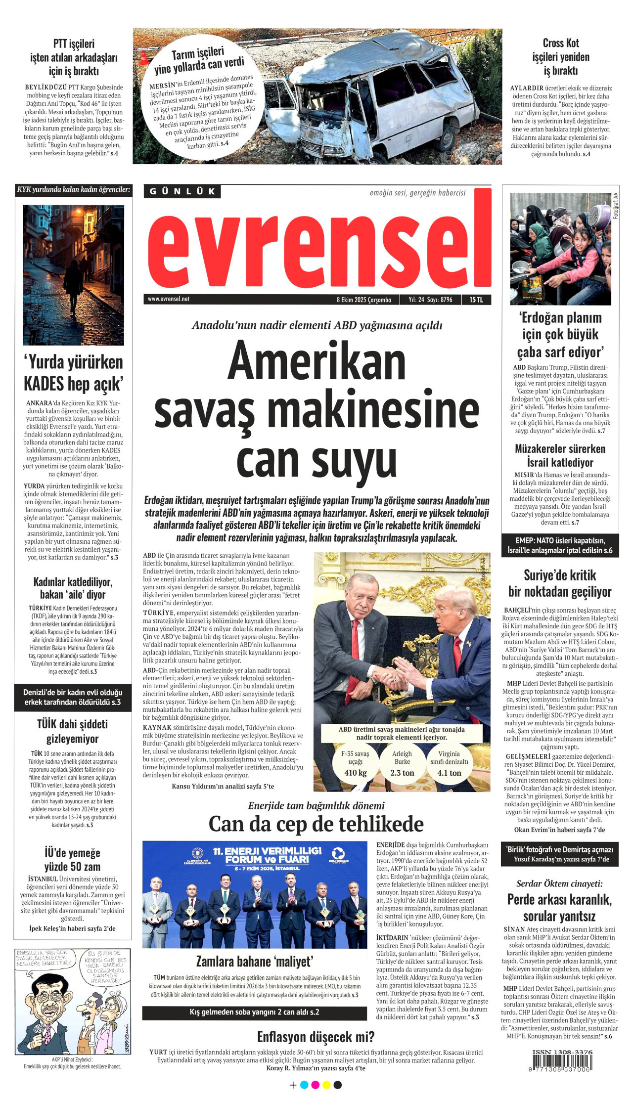 EVRENSEL gazetesinin 8 Ekim 2025 tarihli birinci sayfası