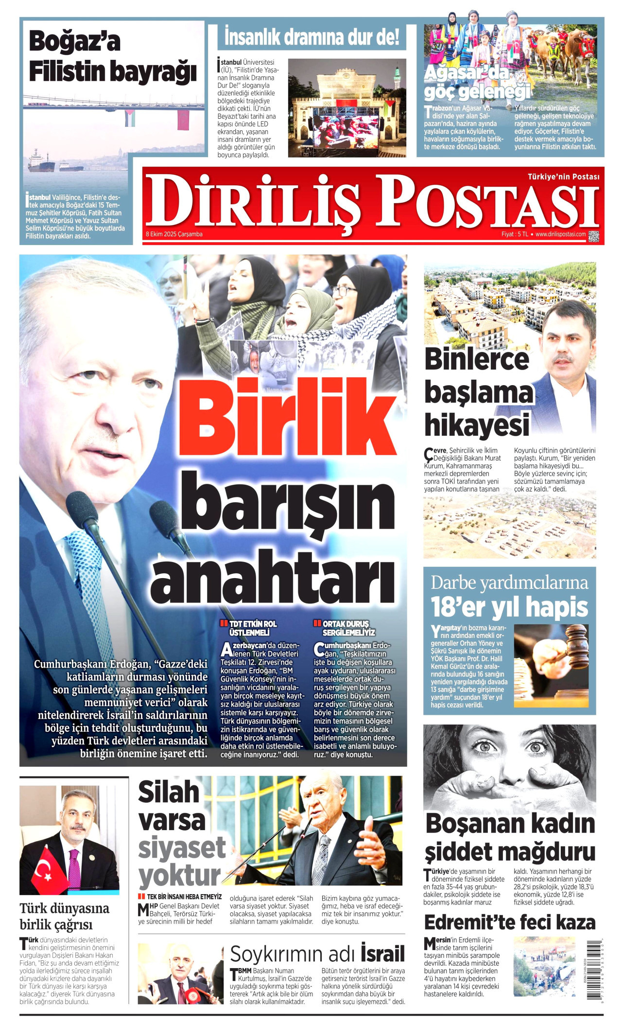 DİRİLİŞ POSTASI gazetesinin 8 Ekim 2025 tarihli birinci sayfası