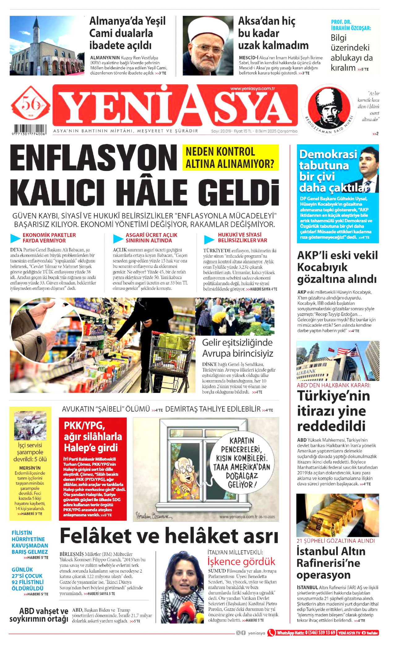 YENİ ASYA gazetesinin 8 Ekim 2025 tarihli birinci sayfası