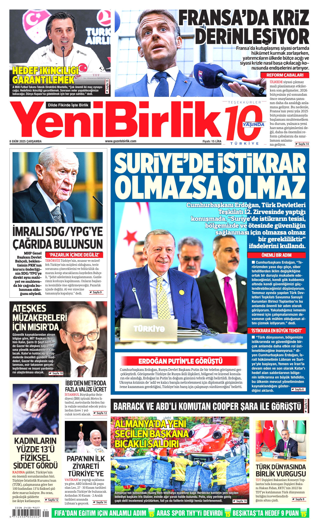 YENİBİRLİK gazetesinin 8 Ekim 2025 tarihli birinci sayfası