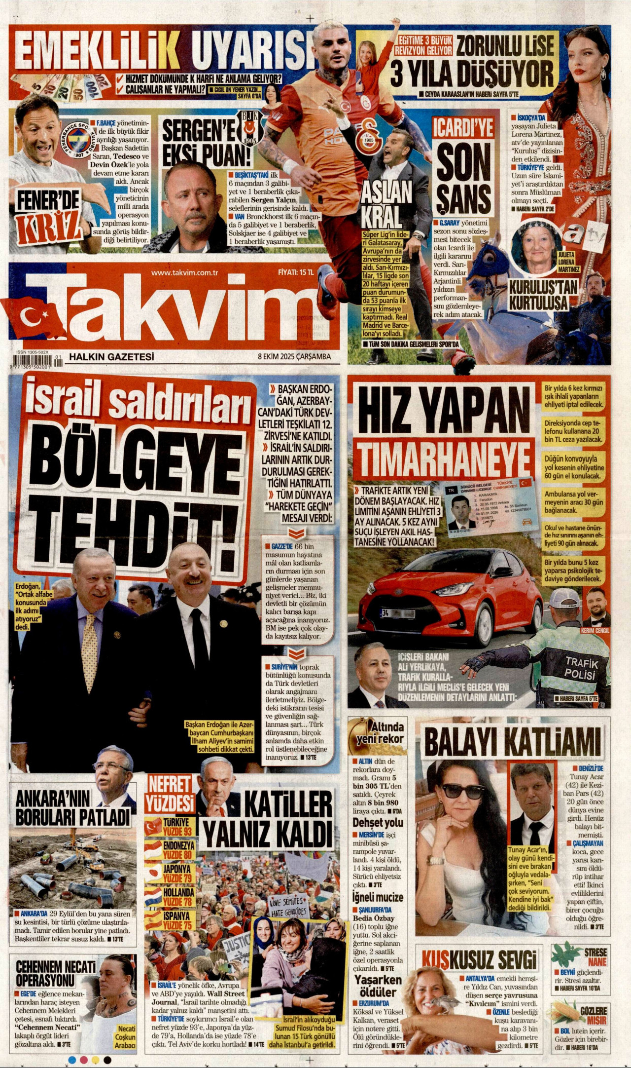TAKVİM gazetesinin 8 Ekim 2025 tarihli birinci sayfası