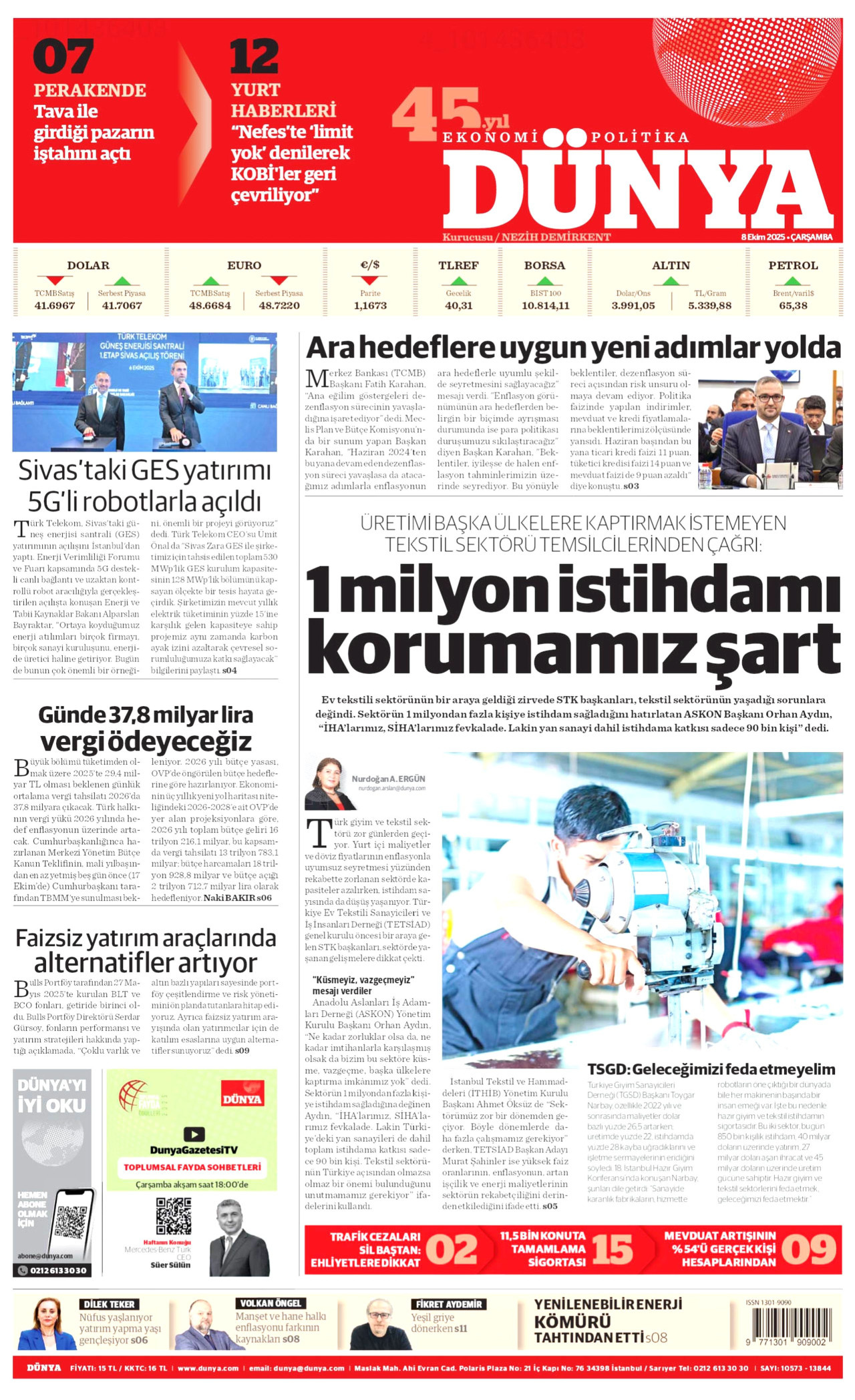 DÜNYA gazetesinin 8 Ekim 2025 tarihli birinci sayfası
