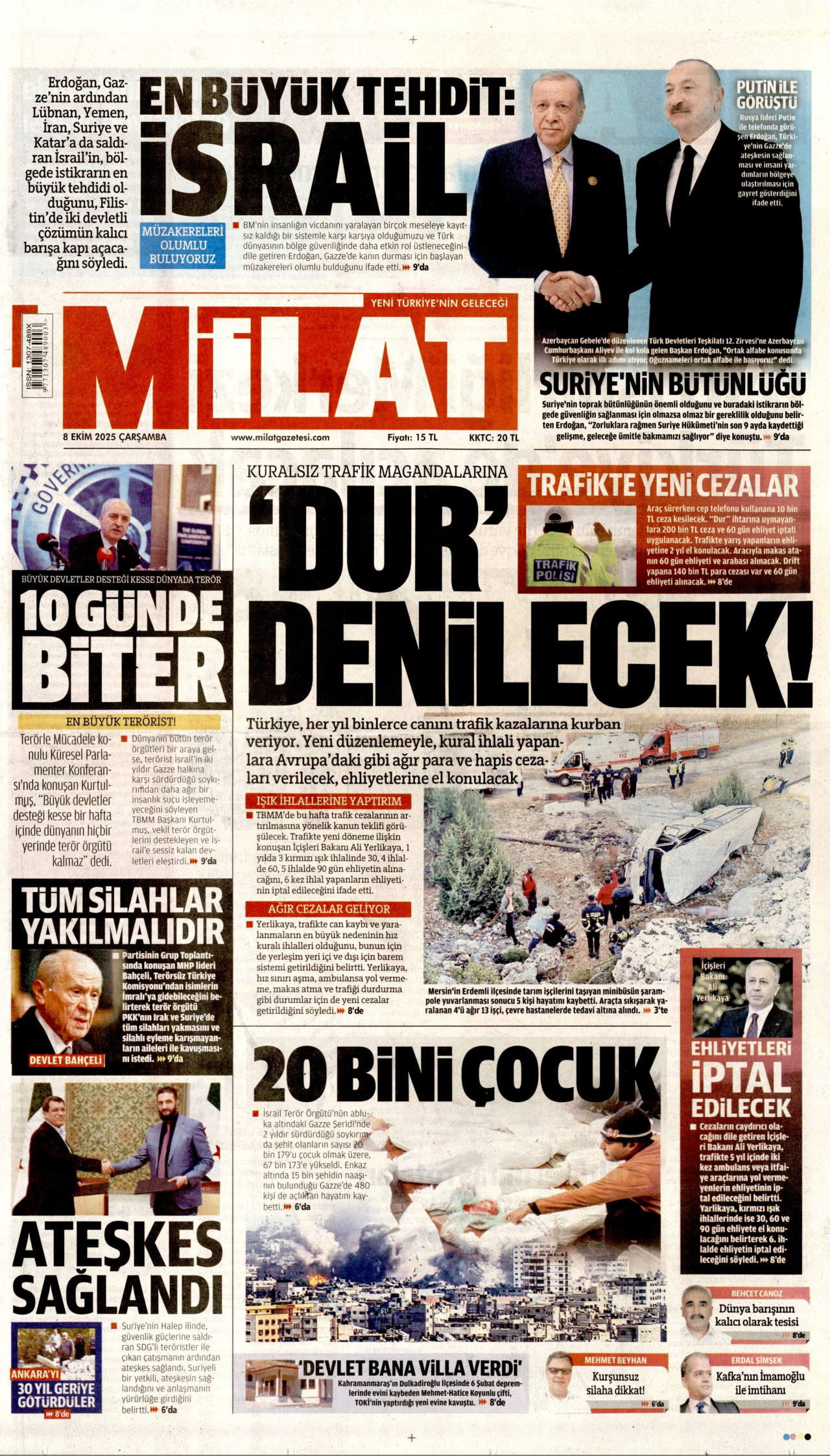 MİLAT gazetesinin 8 Ekim 2025 tarihli birinci sayfası