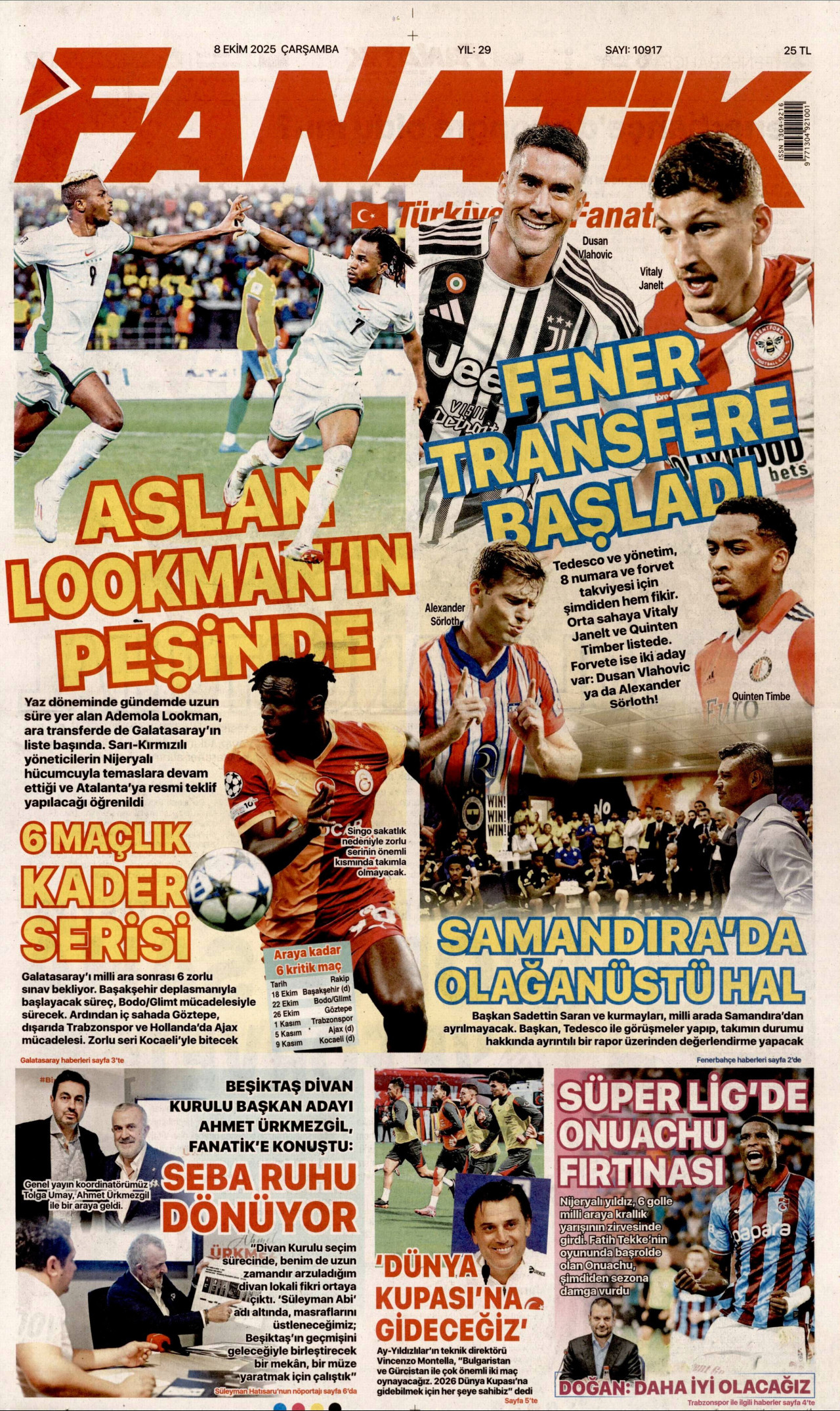 FANATİK gazetesinin 8 Ekim 2025 tarihli birinci sayfası
