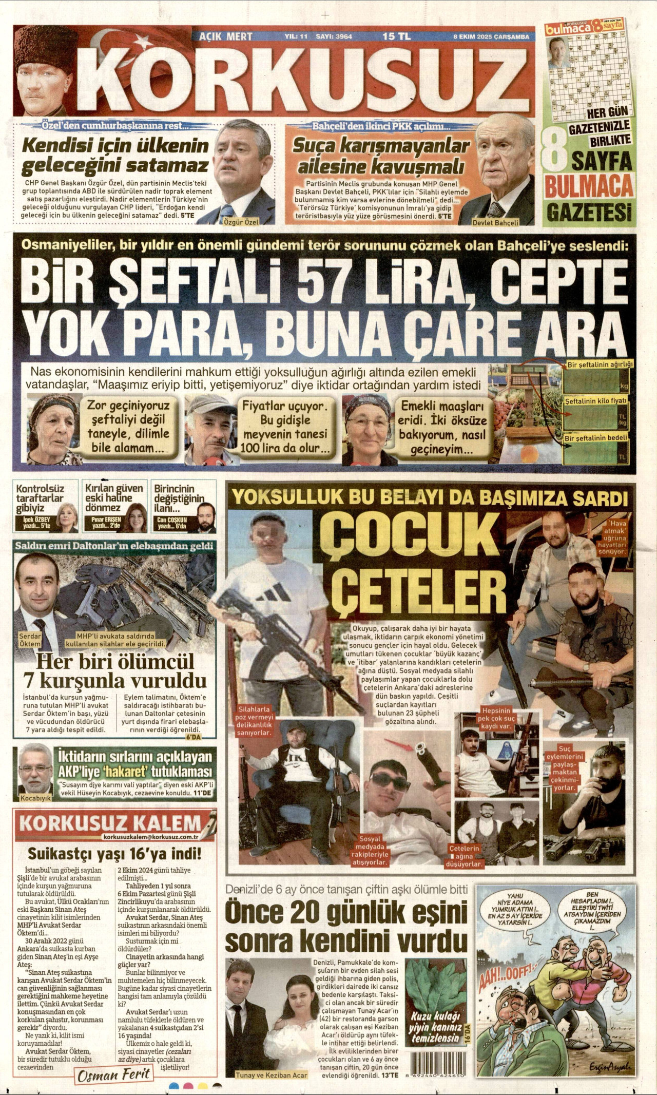 KORKUSUZ gazetesinin 8 Ekim 2025 tarihli birinci sayfası