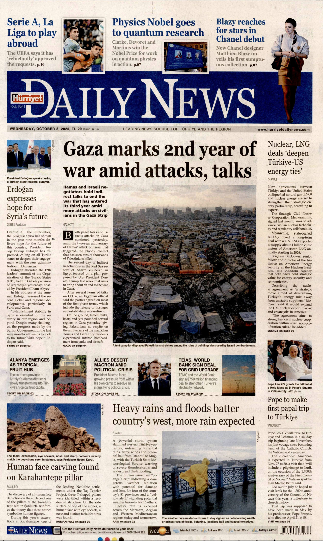 HÜRRİYET DAİLY NEWS gazetesinin 8 Ekim 2025 tarihli birinci sayfası
